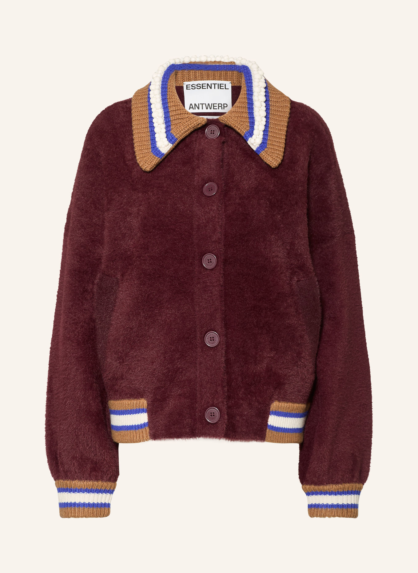 ESSENTIEL ANTWERP Cardigan KAMORE cu perle decorative: ROȘU ÎNCHIS / CONIAC / ALBASTRU