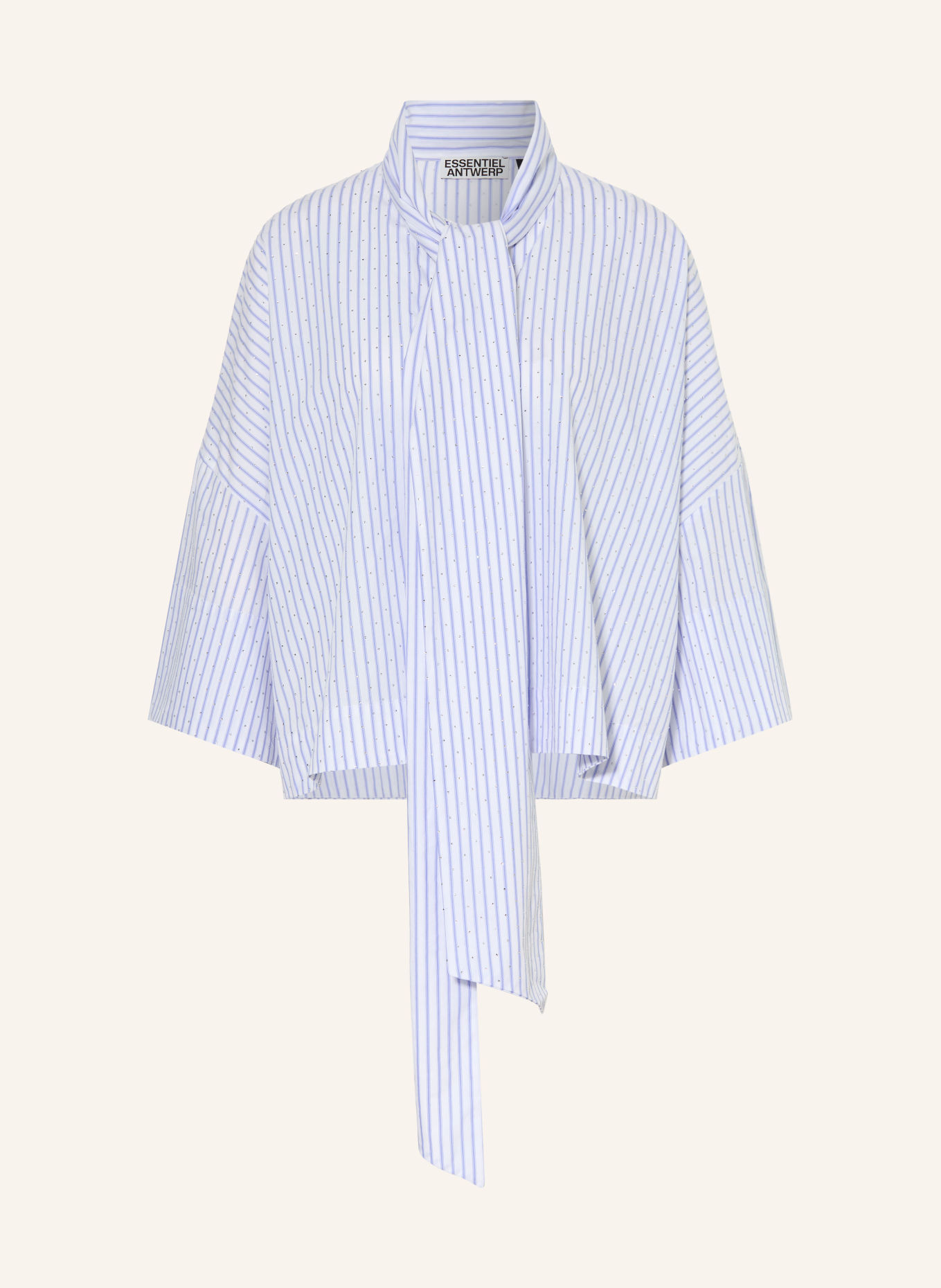 ESSENTIEL ANTWERP Blouse à lavallière KEFIR à manches 3/4 et strass: BLEU / BLANC