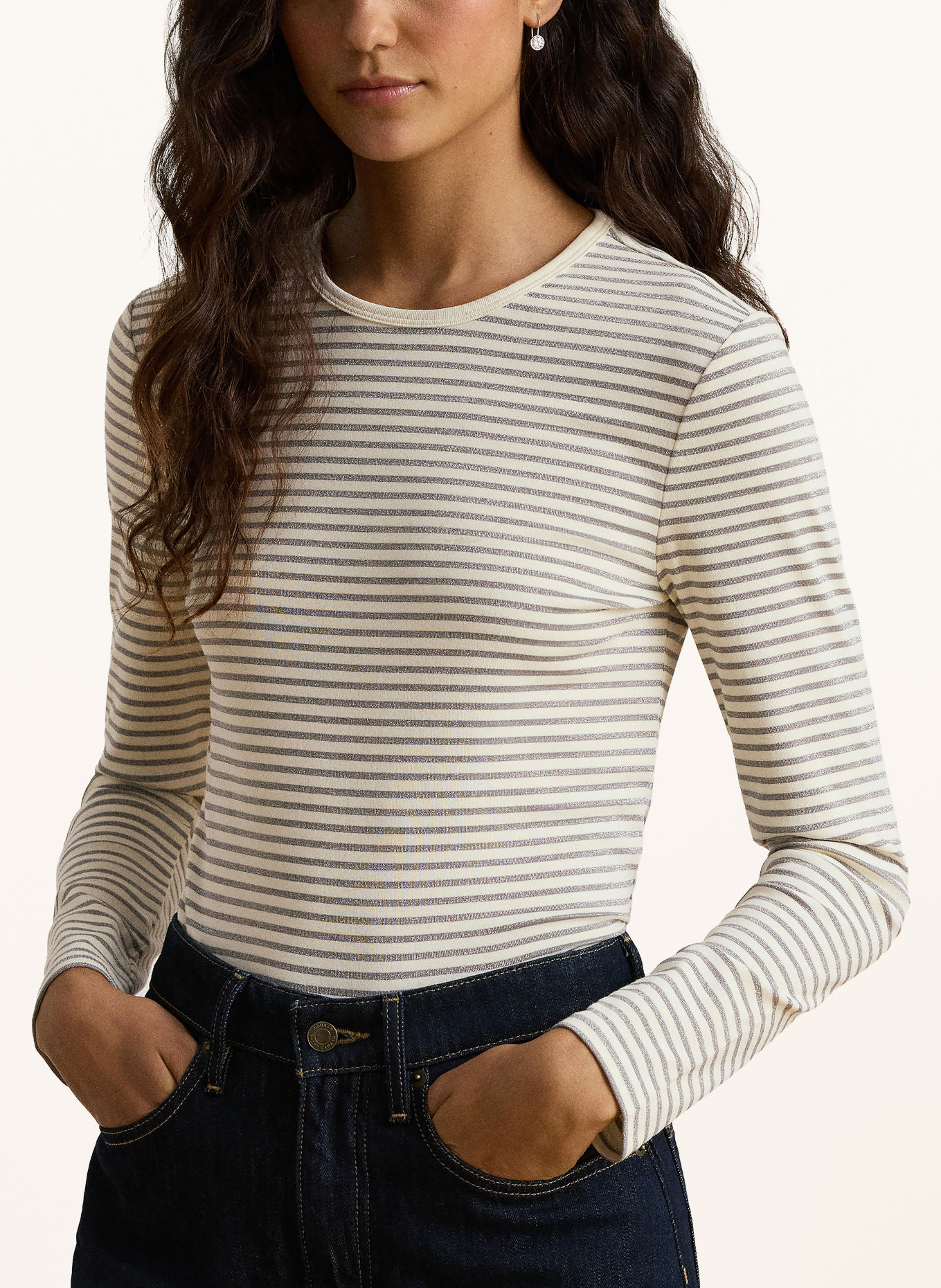 LAUREN RALPH LAUREN Longsleeve met lange mouwen en glitterstof: ECRU / ZILVER