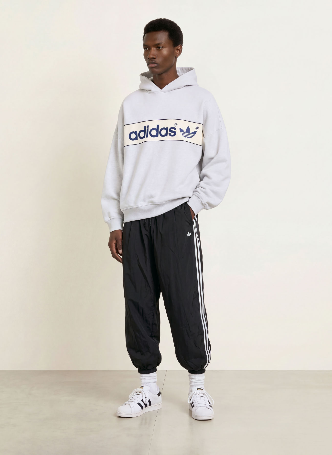 adidas Originals Hoodie BLOCK: HELLGRAU / ECRU / DUNKELBLAU