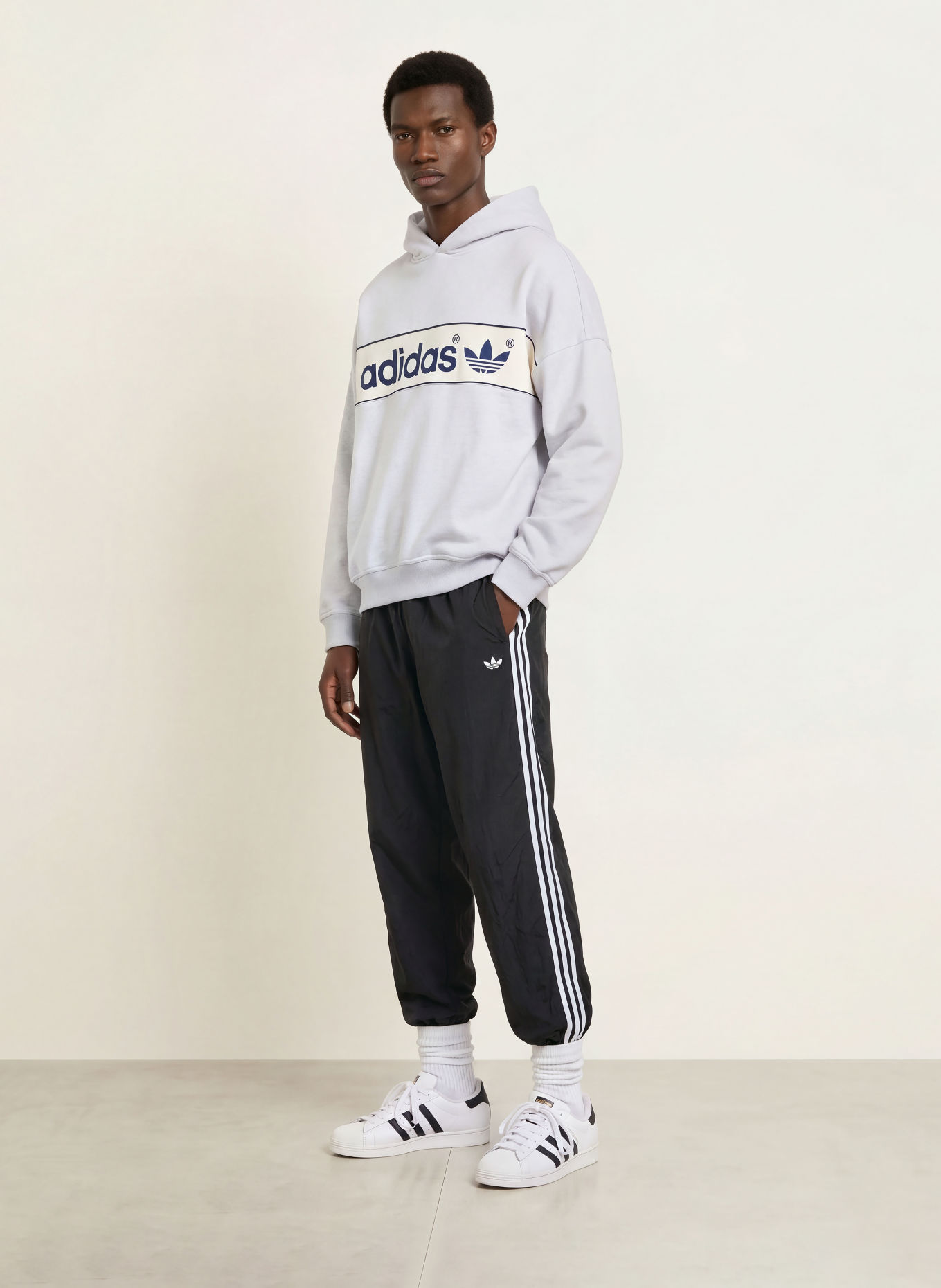 adidas Originals Hoodie BLOCK: HELLGRAU / ECRU / DUNKELBLAU
