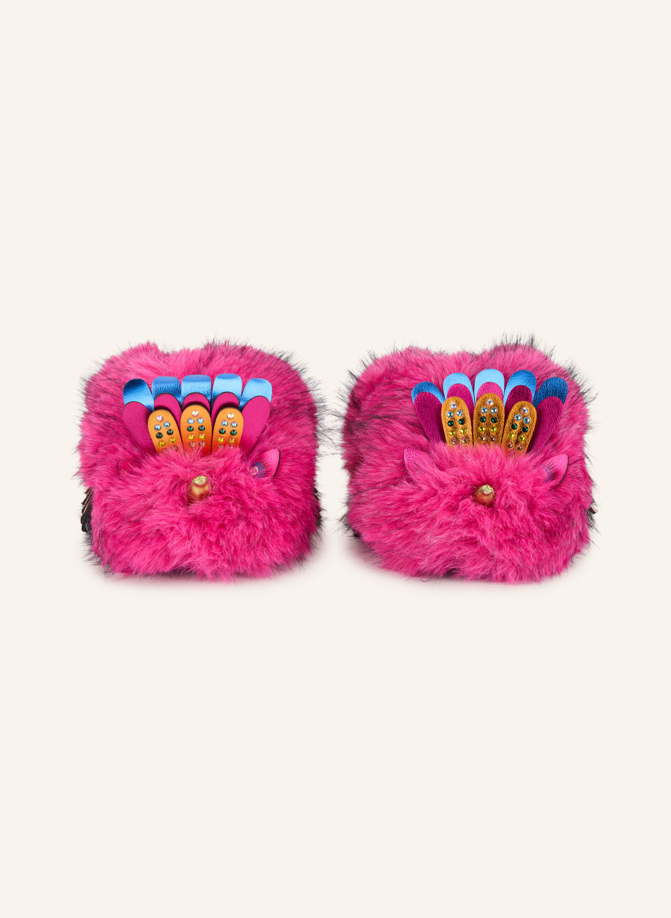 KURT GEIGER Papuci de casă din blană artificială cu pietre decorative: ROZ / PORTOCALIU / ALBASTRU