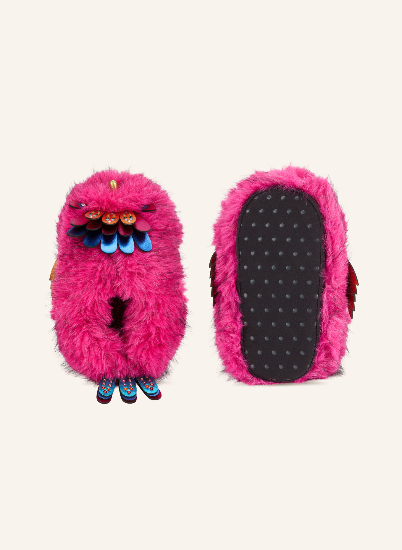 KURT GEIGER Papuci de casă din blană artificială cu pietre decorative: ROZ / PORTOCALIU / ALBASTRU