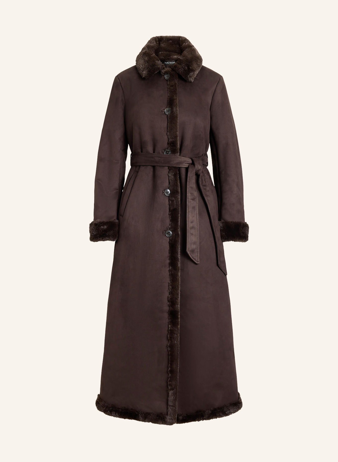 LAUREN RALPH LAUREN Leather-look coat with faux fur: DARK BROWN