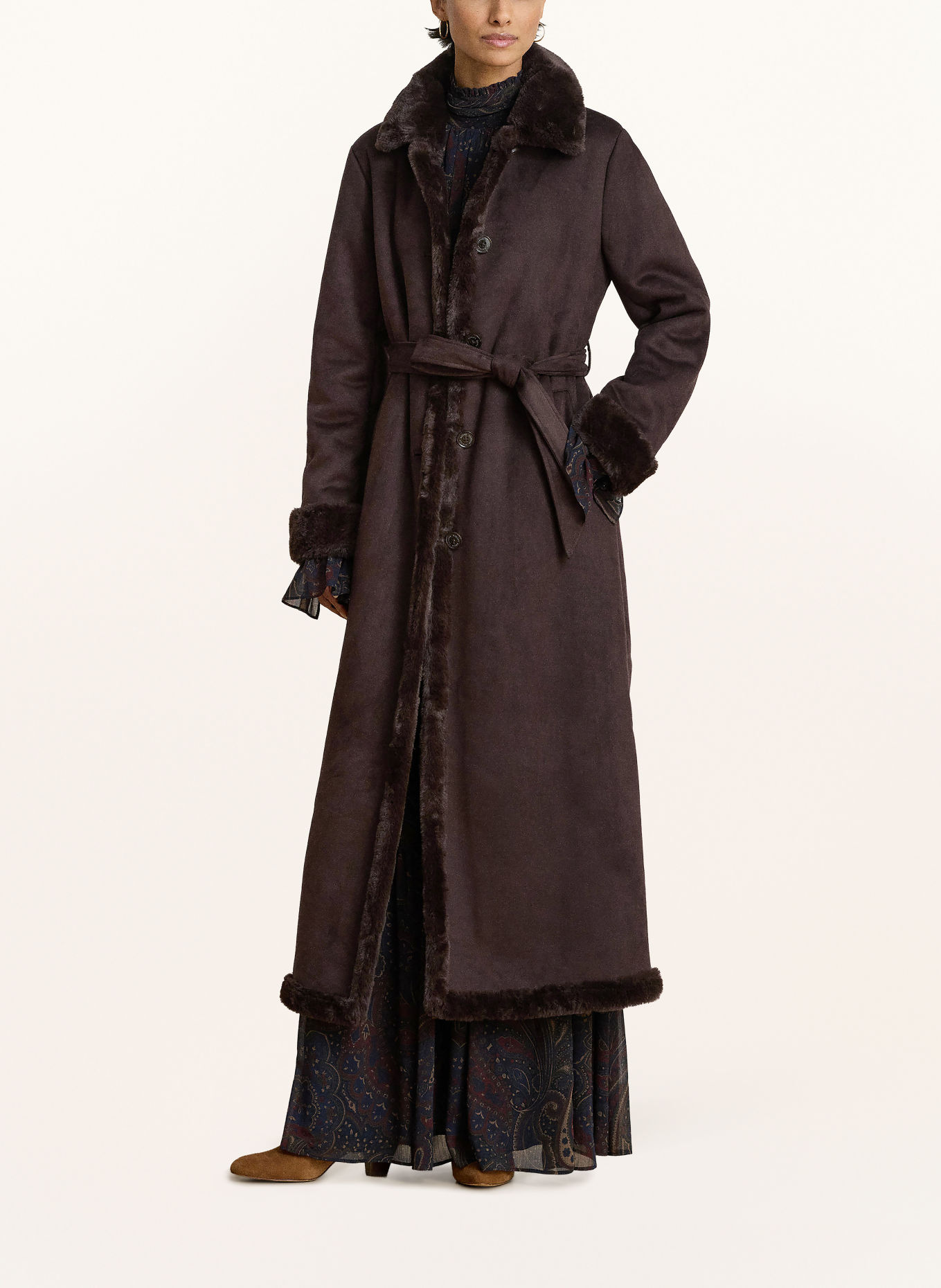 LAUREN RALPH LAUREN Leather-look coat with faux fur: DARK BROWN