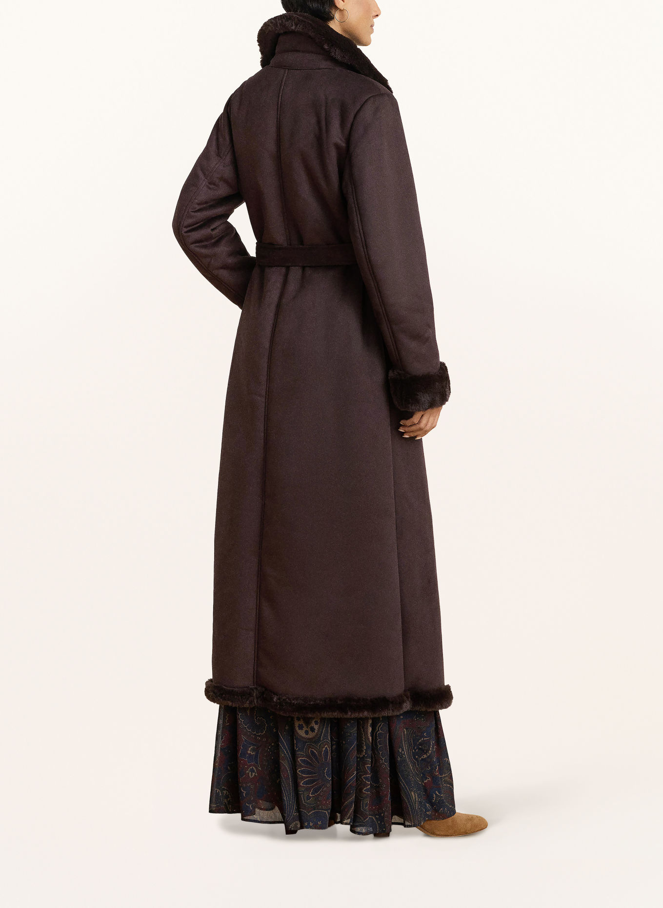 LAUREN RALPH LAUREN Leather-look coat with faux fur: DARK BROWN