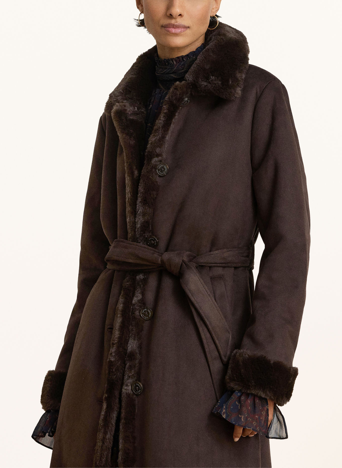 LAUREN RALPH LAUREN Leather-look coat with faux fur: DARK BROWN