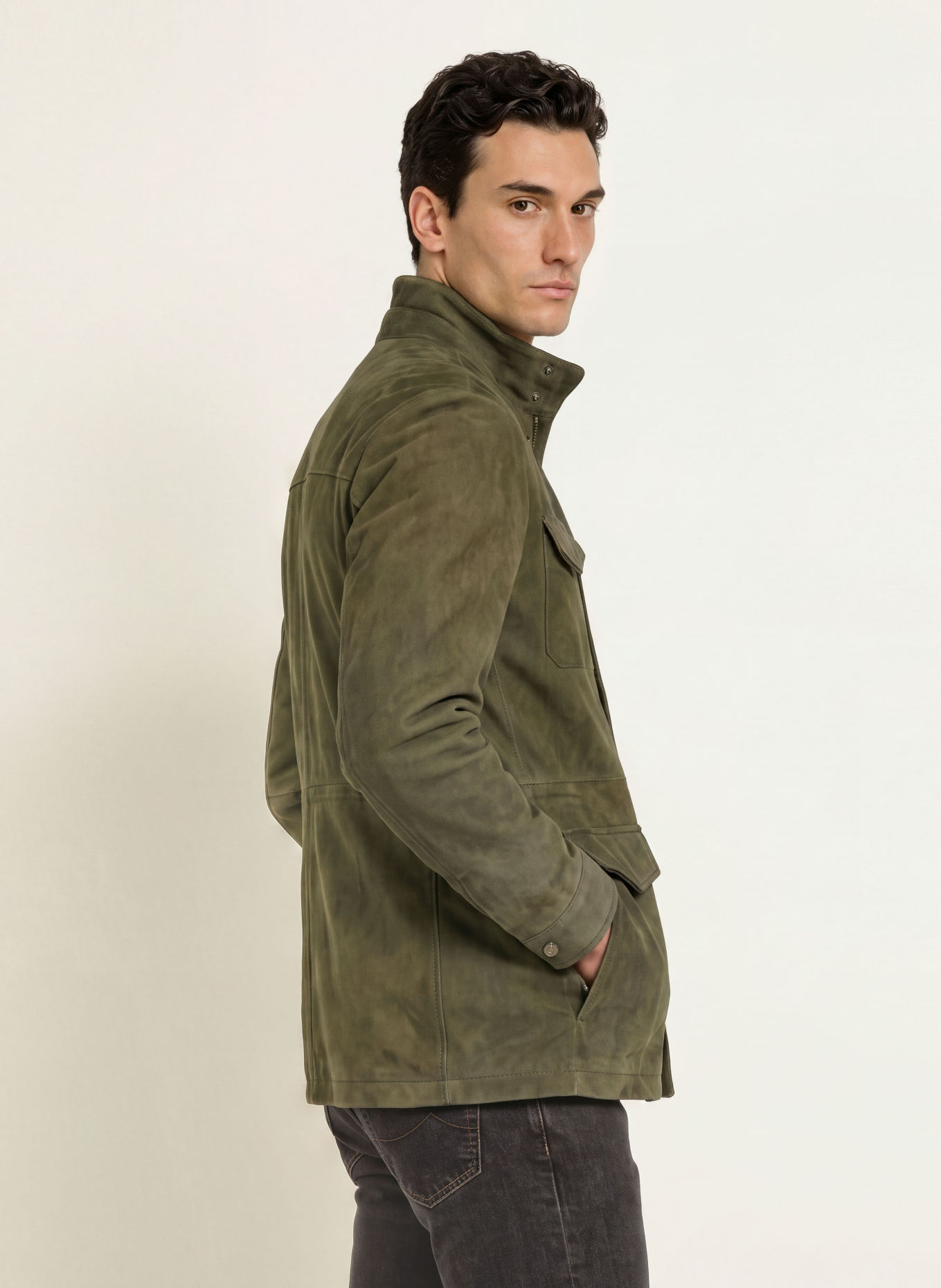 JACOB COHEN Veste saharienne en cuir: OLIVE