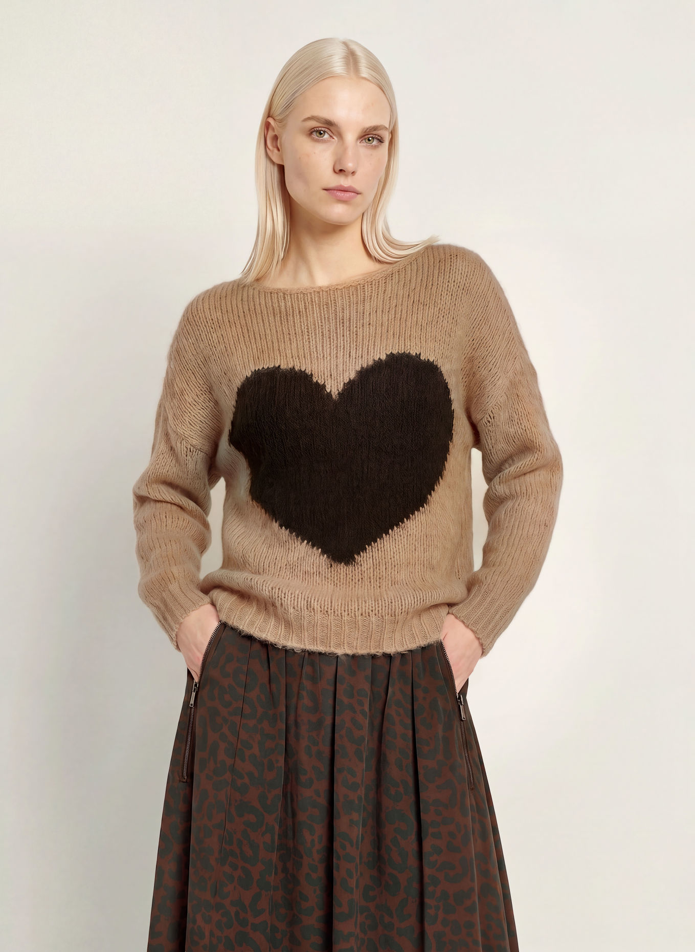 miss goodlife Pullover mit Alpaka: BEIGE / DUNKELBRAUN