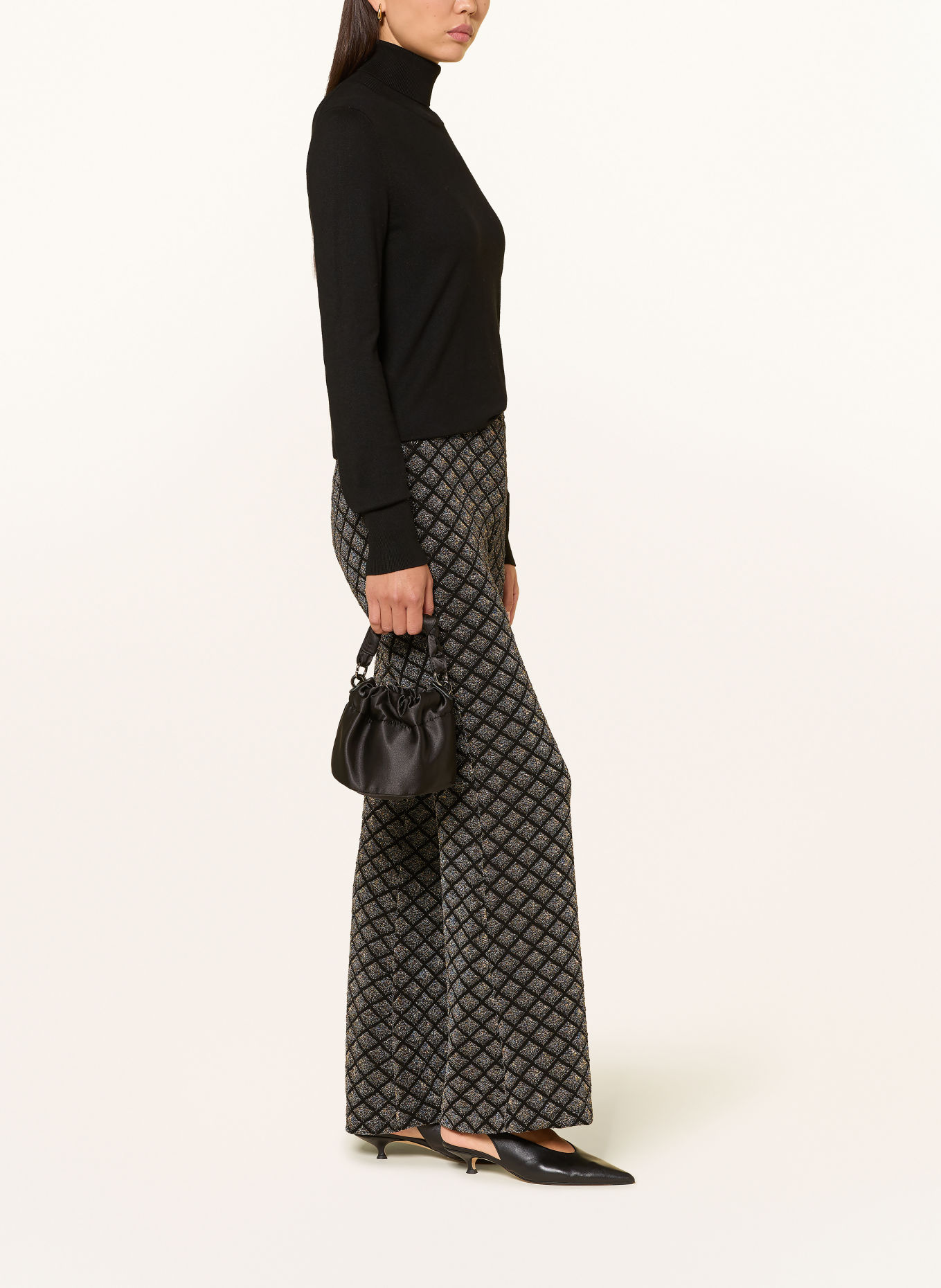 Ana Alcazar Wide-leg trousers with glitter thread: BLACK / GOLD / BLUE