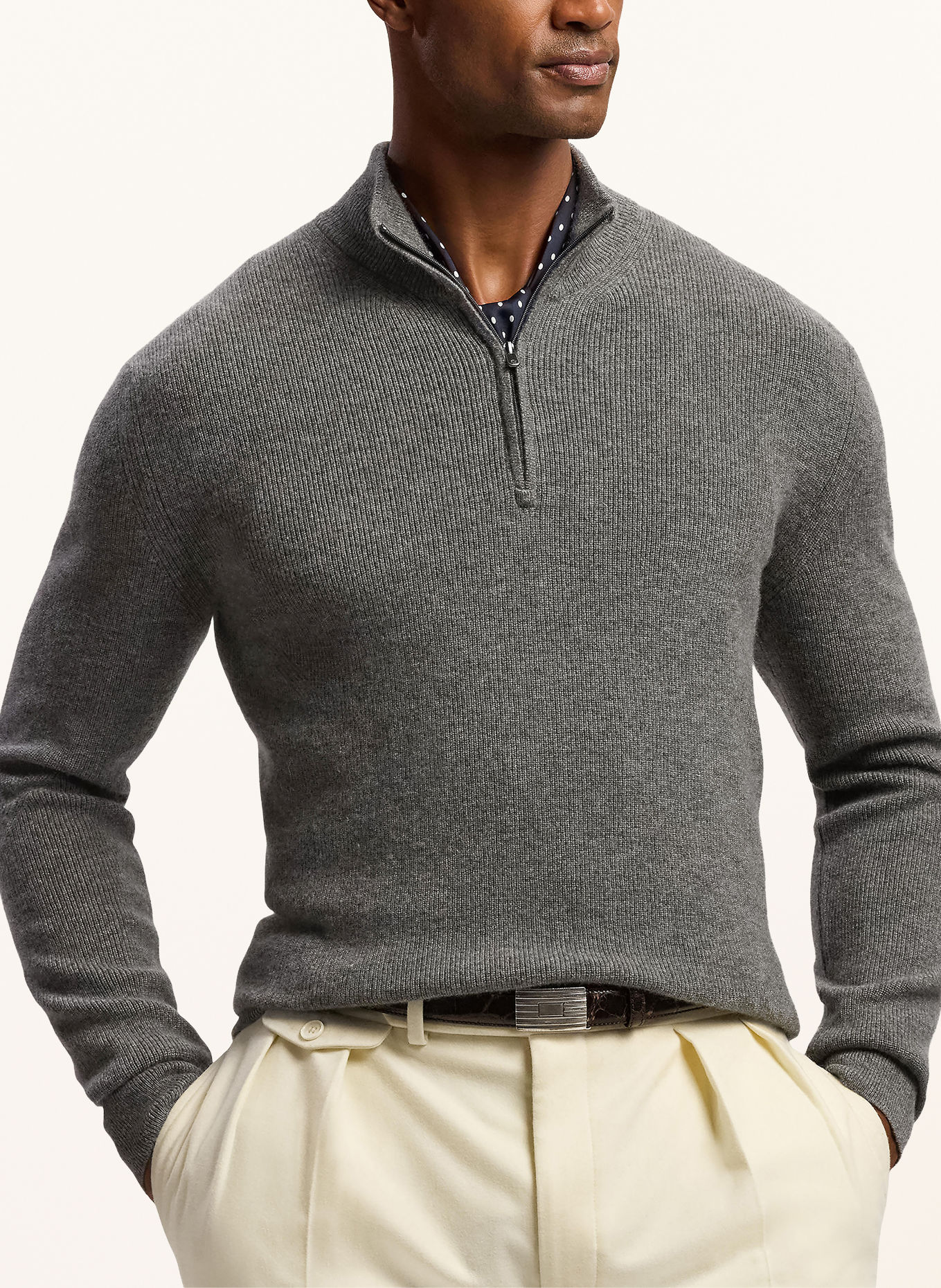 RALPH LAUREN PURPLE LABEL Pull col zippé en cachemire: GRIS FONCÉ