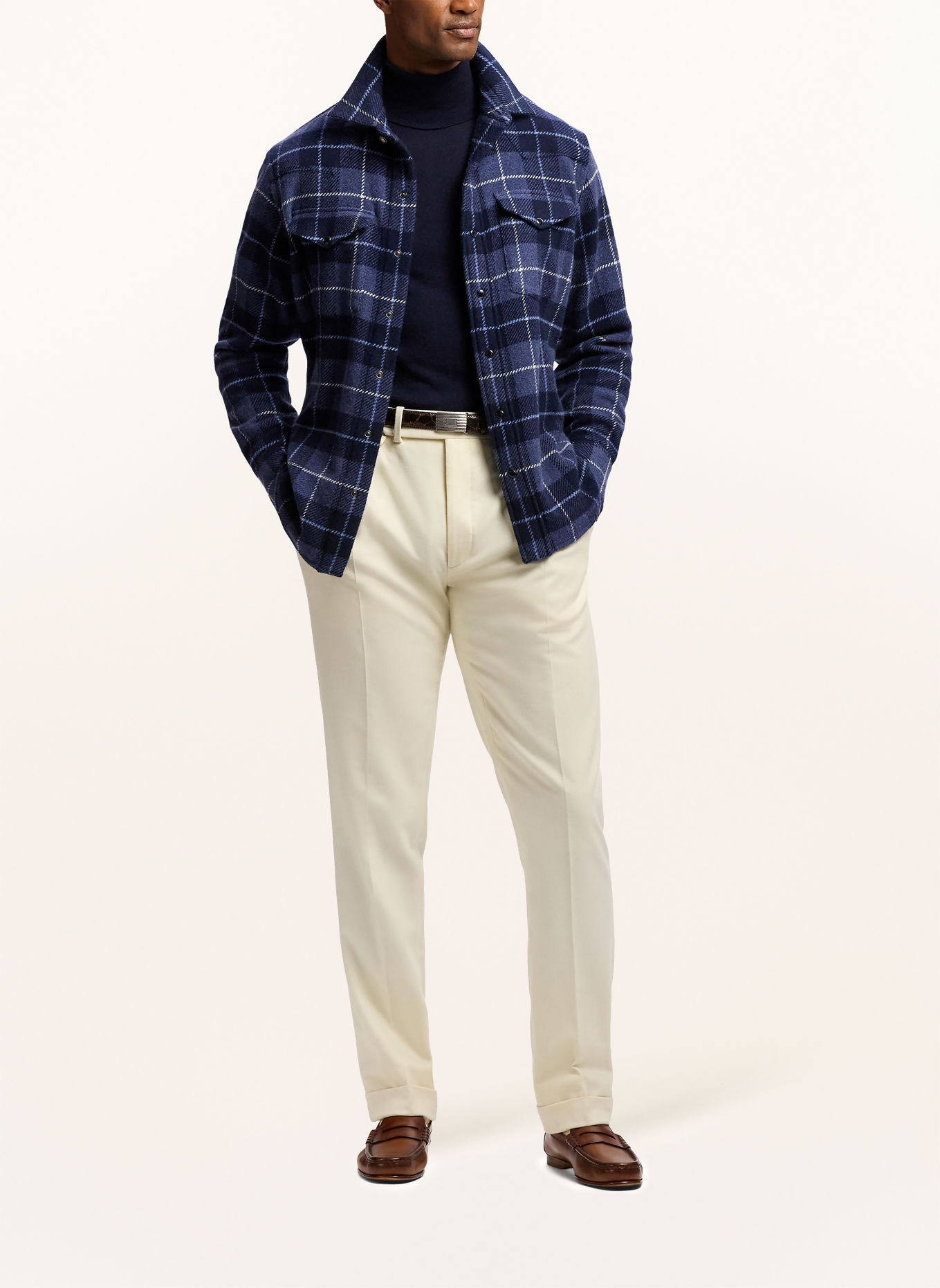 RALPH LAUREN PURPLE LABEL Overshirt aus Cashmere: DUNKELBLAU / WEISS