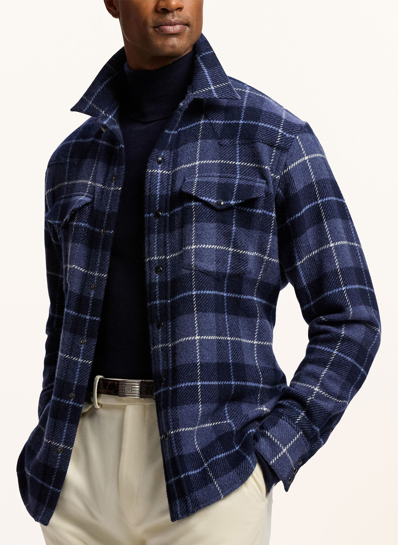 RALPH LAUREN PURPLE LABEL Overshirt aus Cashmere: DUNKELBLAU / WEISS