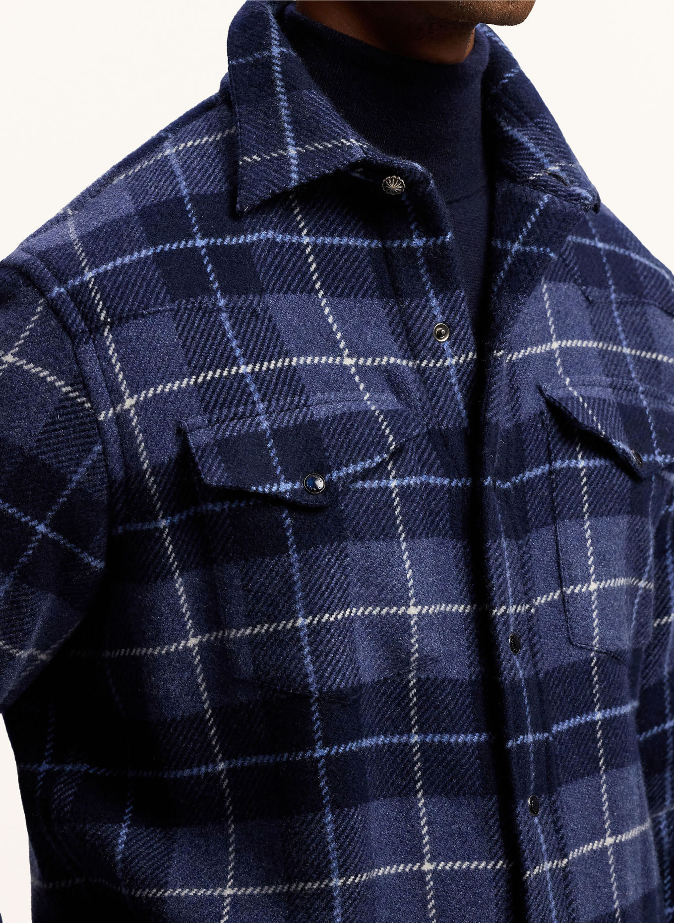 RALPH LAUREN PURPLE LABEL Overshirt aus Cashmere: DUNKELBLAU / WEISS
