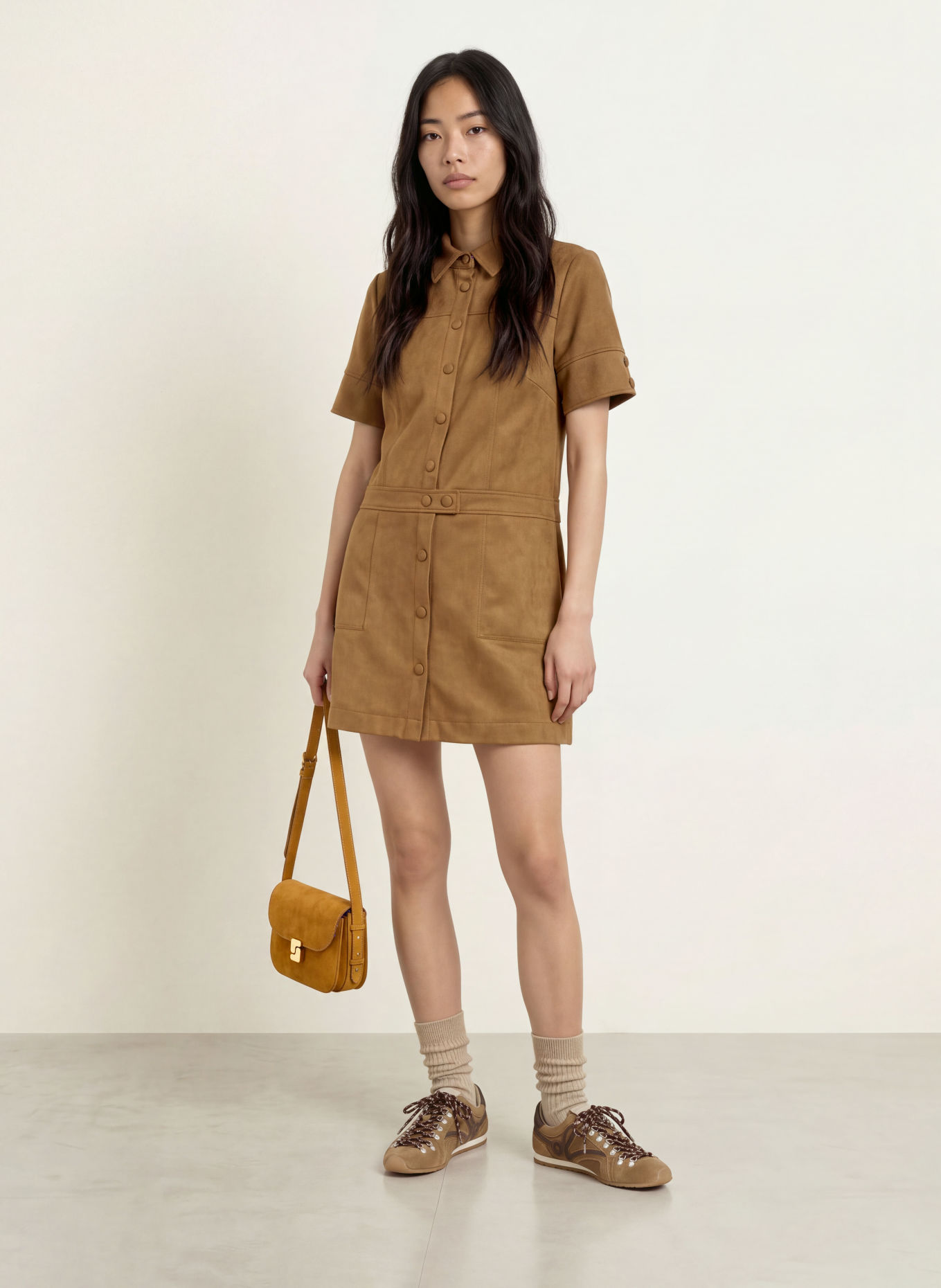 SUNCOO Hemdblusenkleid CITY in Lederoptik: COGNAC