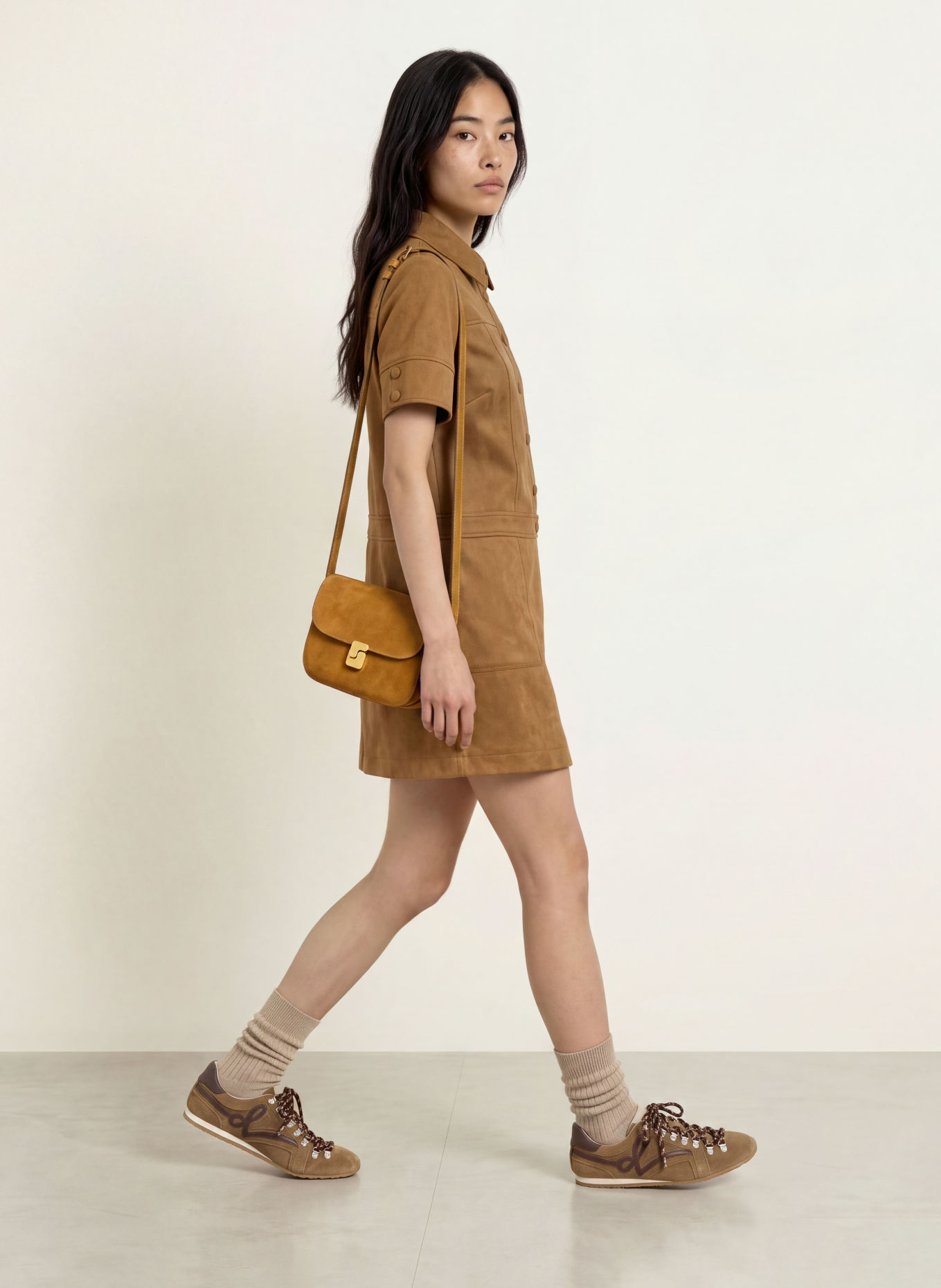 SUNCOO Hemdblusenkleid CITY in Lederoptik: COGNAC