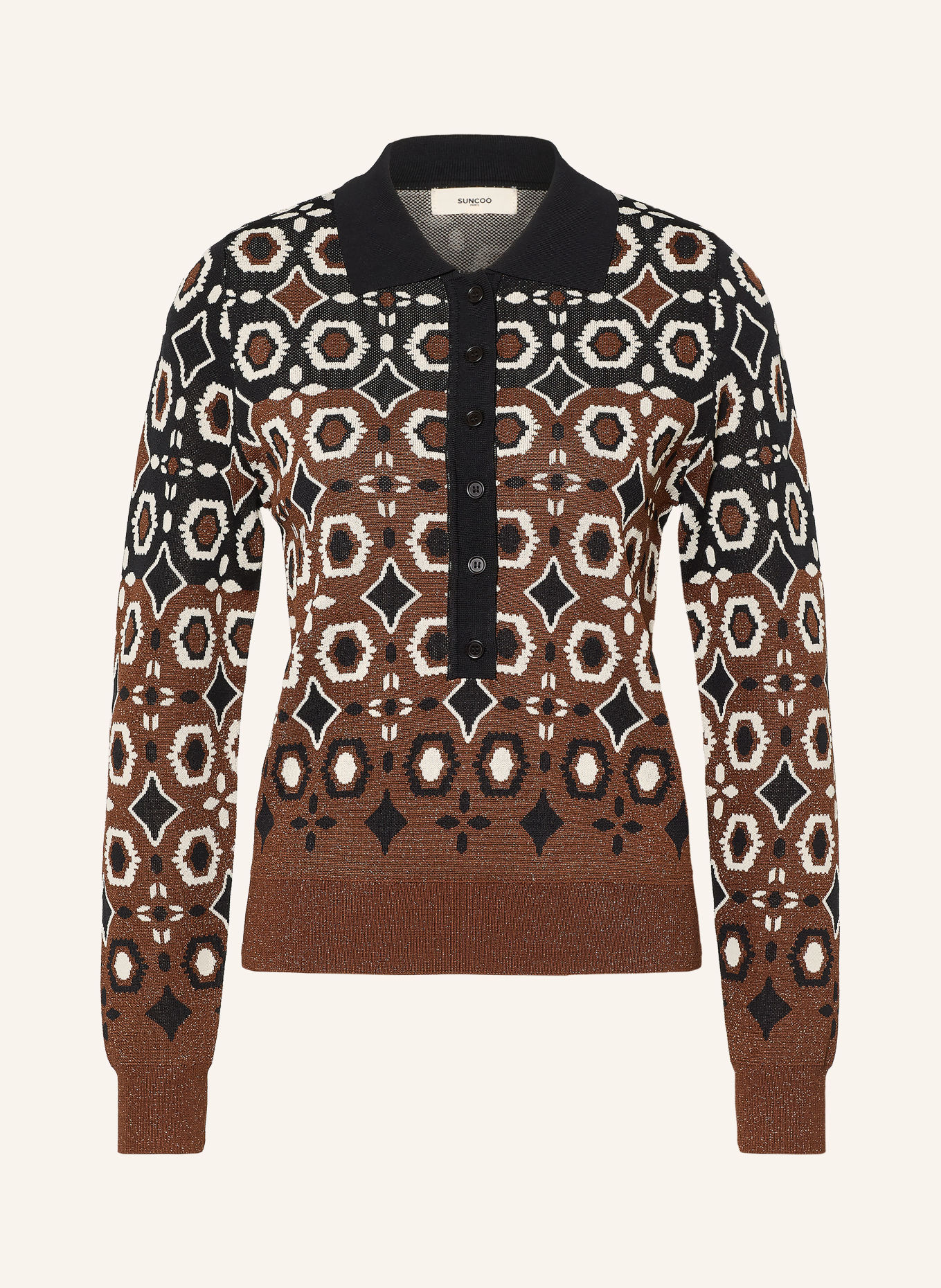 SUNCOO Gebreid poloshirt PALMAROS met glittergaren: ZWART / BRUIN / CRÈME
