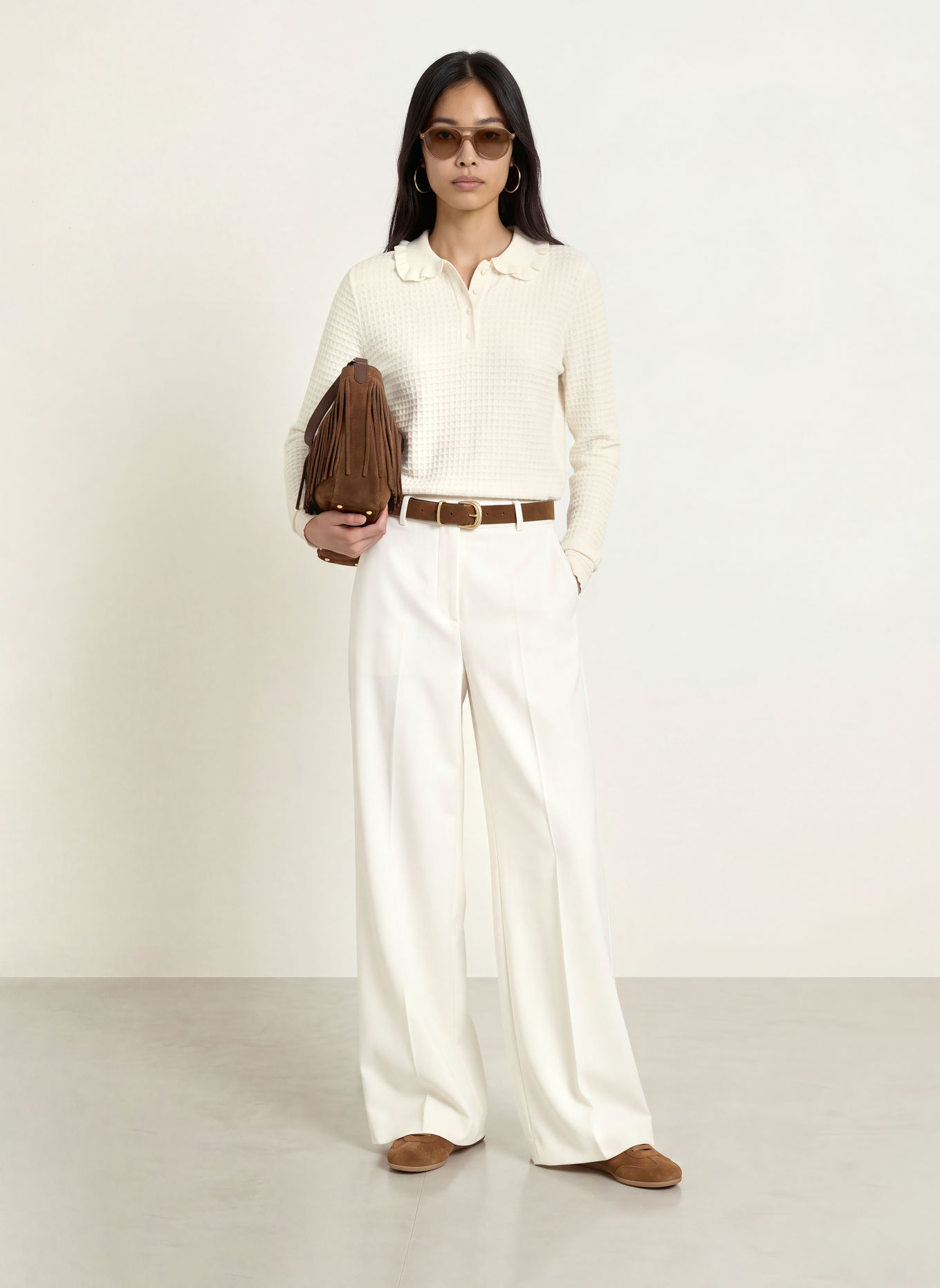 SUNCOO Strick-Poloshirt PERIDI mit Rüschen: CREME