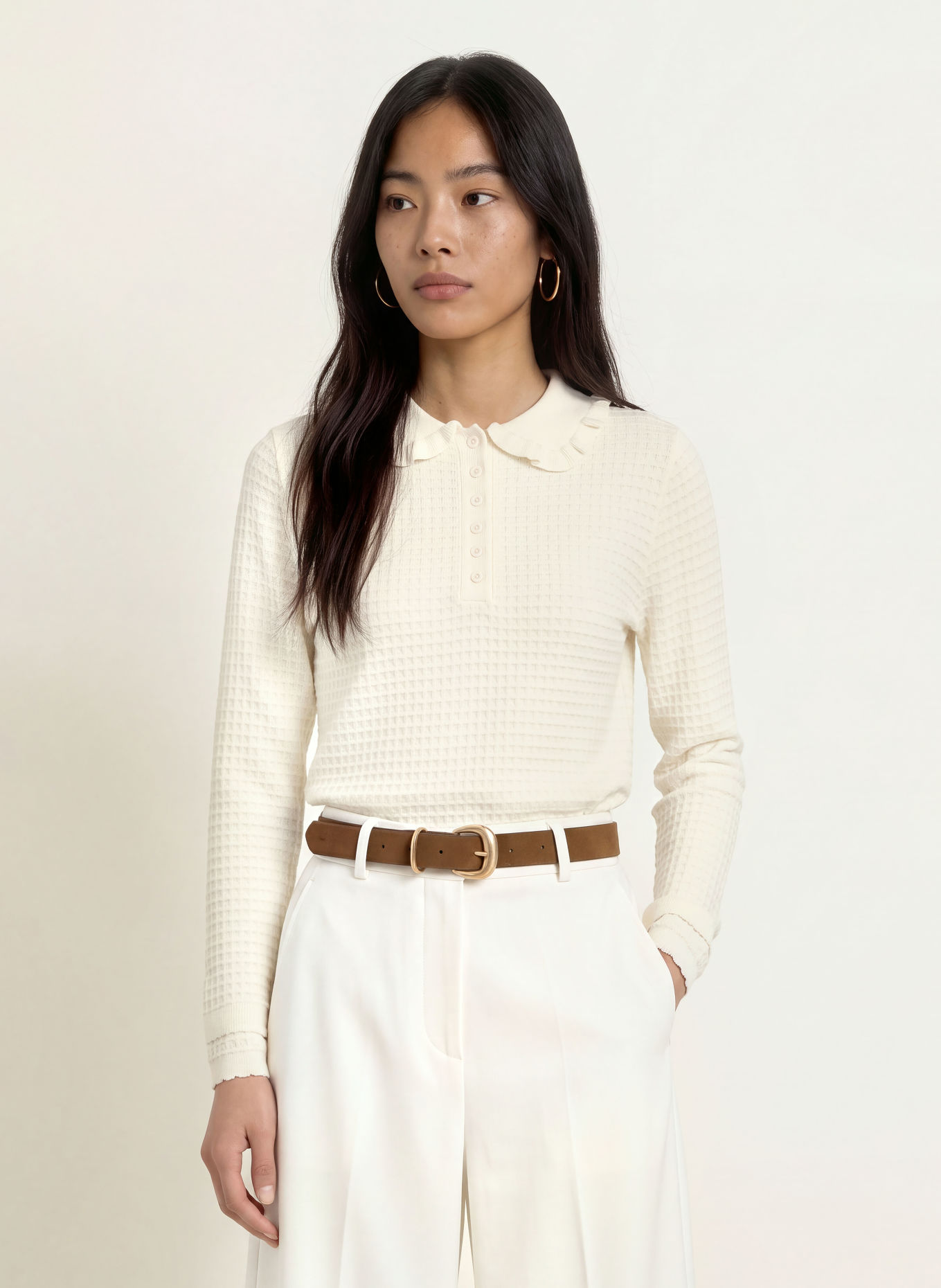 SUNCOO Strick-Poloshirt PERIDI mit Rüschen: CREME