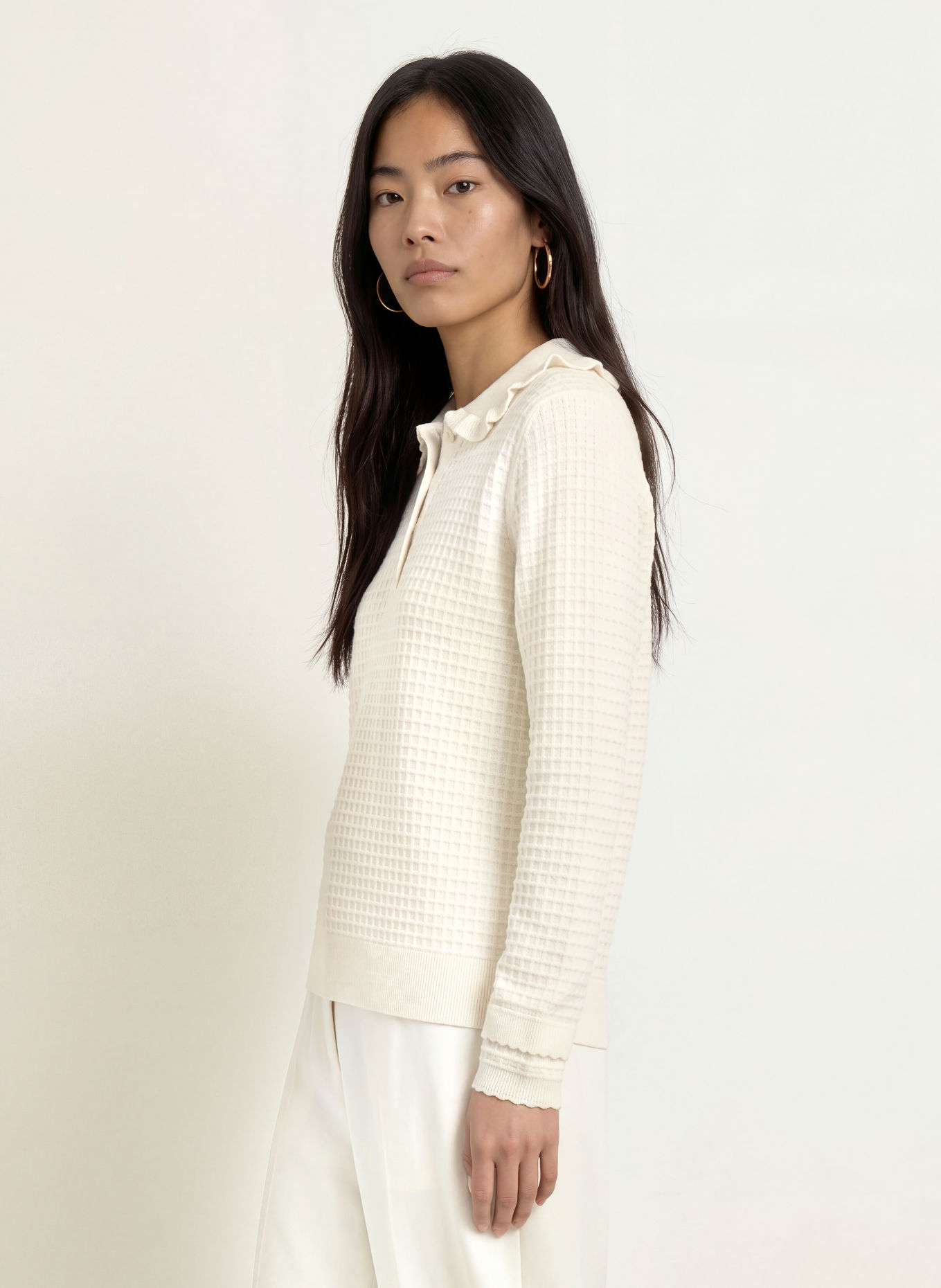 SUNCOO Strick-Poloshirt PERIDI mit Rüschen: CREME
