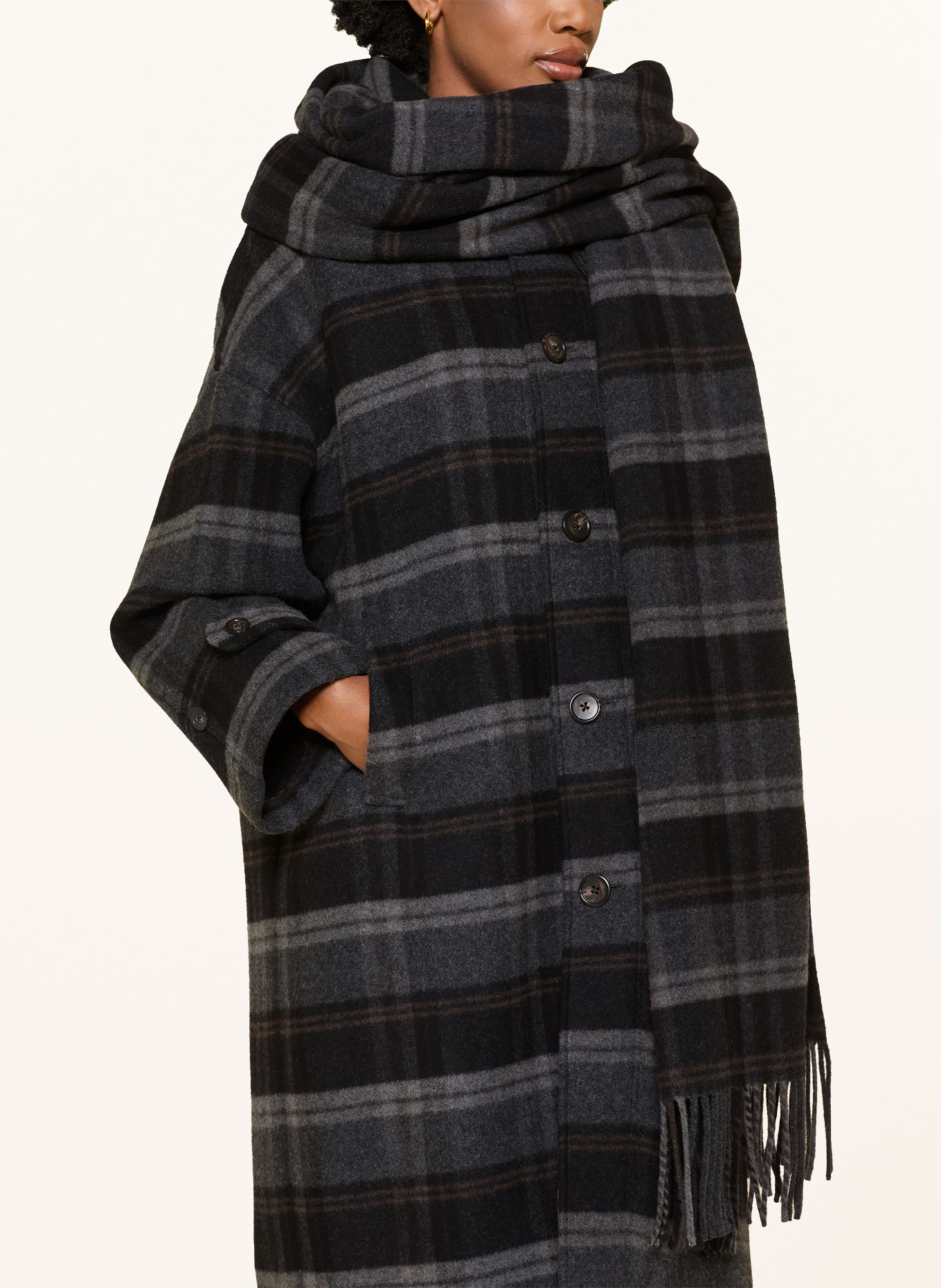POLO RALPH LAUREN Wollen mantel met afneembare sjaal: DONKERGRIJS / BRUIN / GRIJS