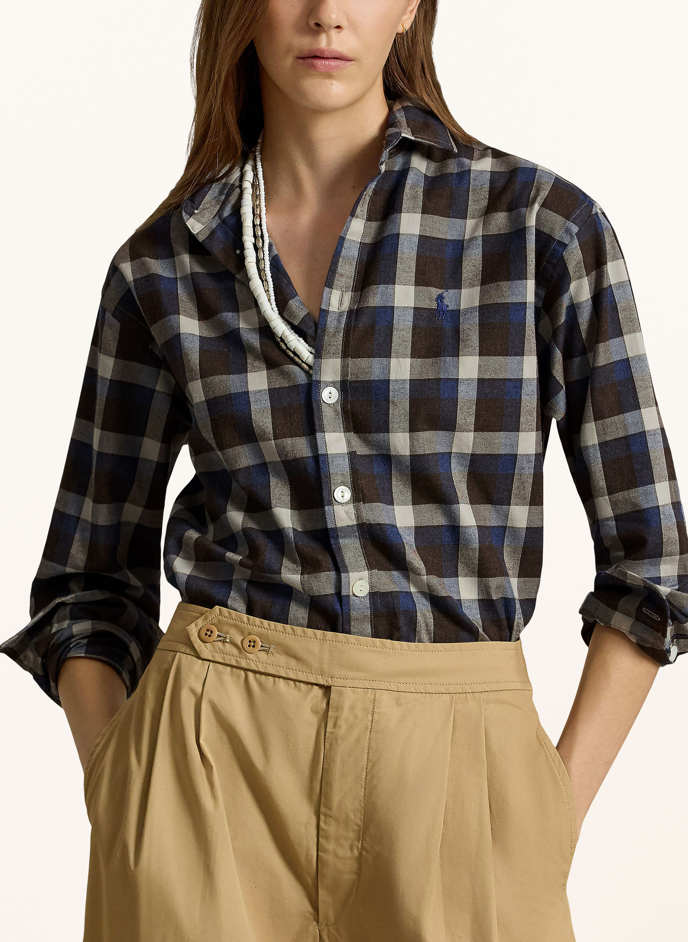 POLO RALPH LAUREN Flanelová košilová halenka: TMAVĚ HNĚDÁ / TMAVĚ MODRÁ / BÍLÁ