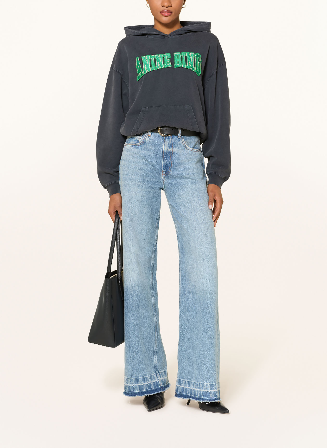 ANINE BING Sweat à capuche HARVEY: GRIS FONCÉ / VERT