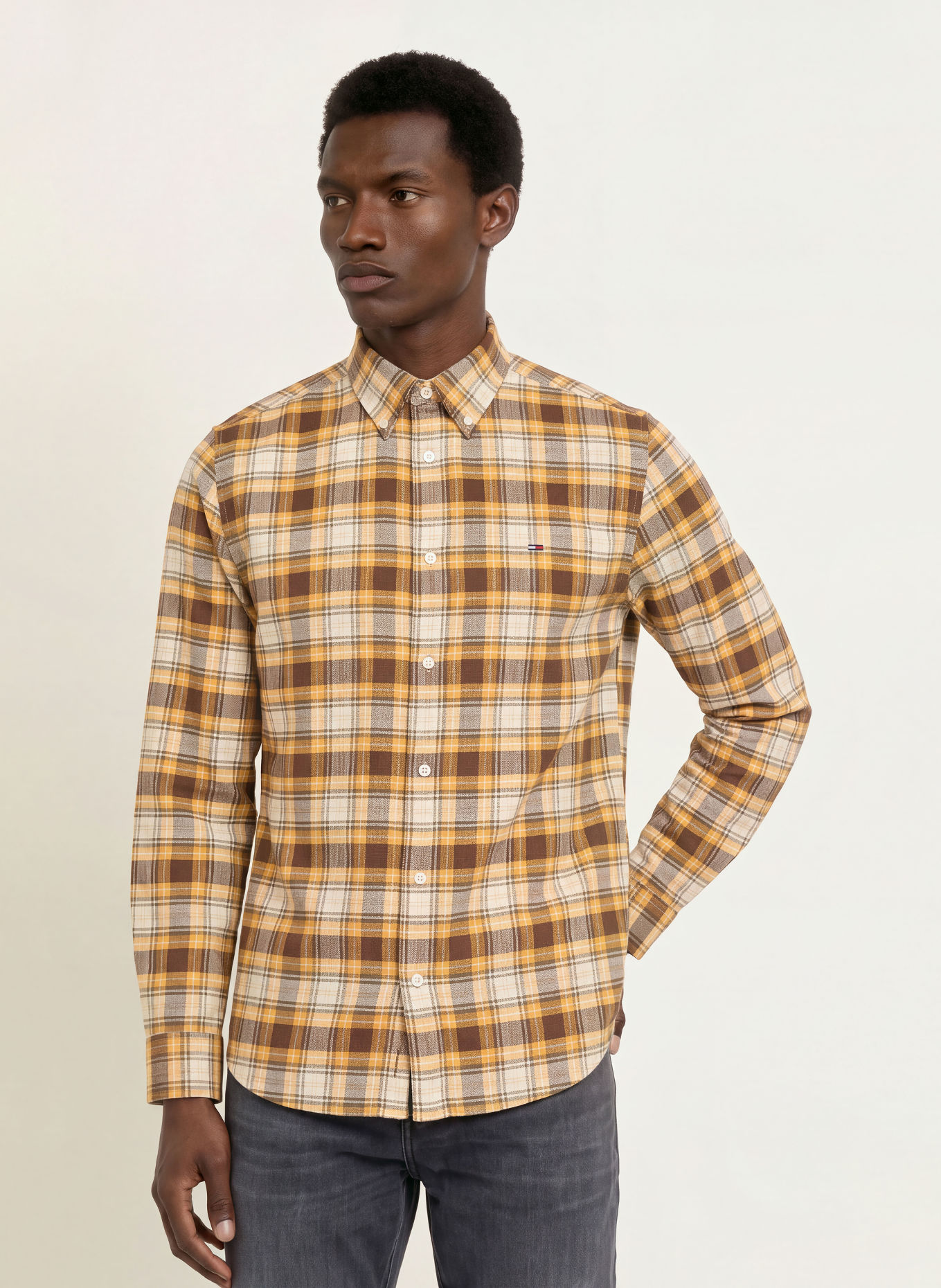 TOMMY JEANS Flanellhemd Regular Fit: DUNKELGELB / DUNKELBRAUN / ECRU