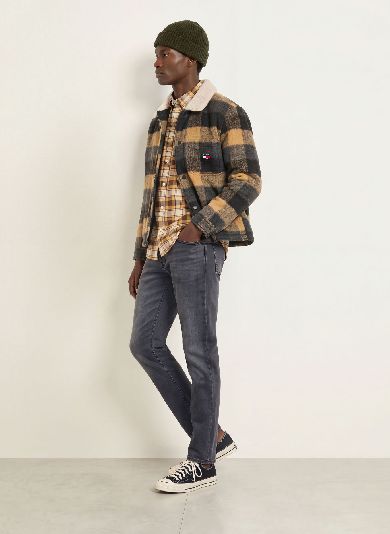 TOMMY JEANS Flanellhemd Regular Fit: DUNKELGELB / DUNKELBRAUN / ECRU