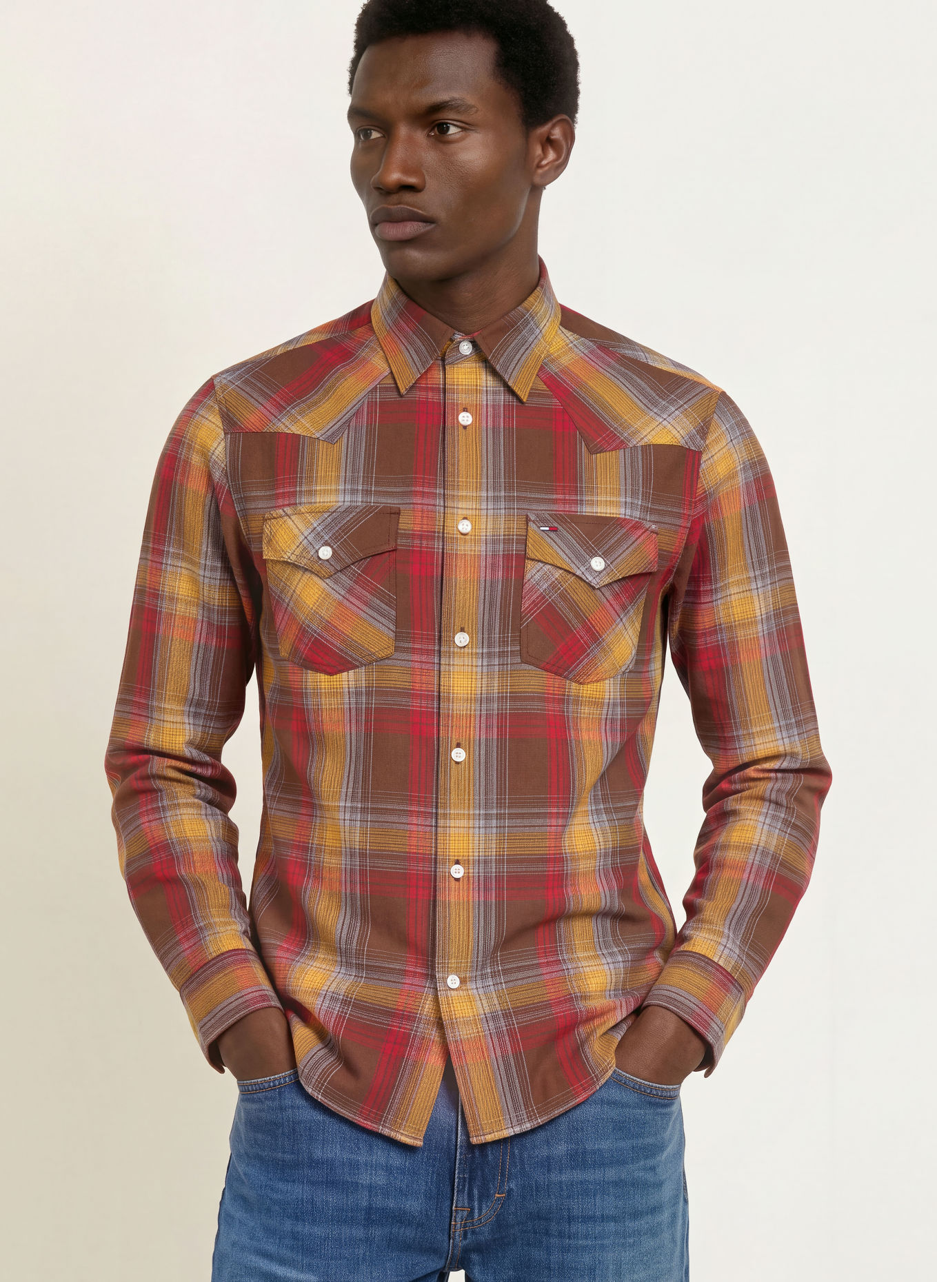 TOMMY JEANS Hemd Regular Fit: DUNKELBRAUN / DUNKELROT / DUNKELGELB