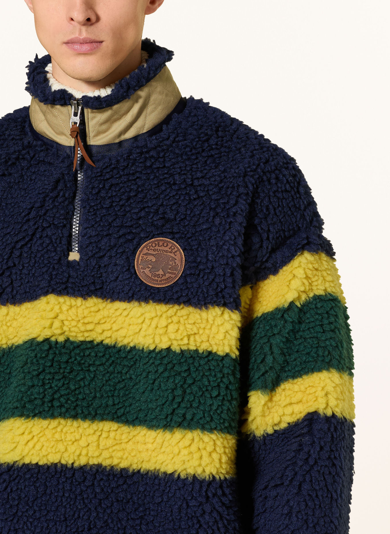 POLO RALPH LAUREN Svetr troyer s kapucí z plyšové kožešiny: TMAVĚ MODRÁ / ŽLUTÁ / ZELENÁ