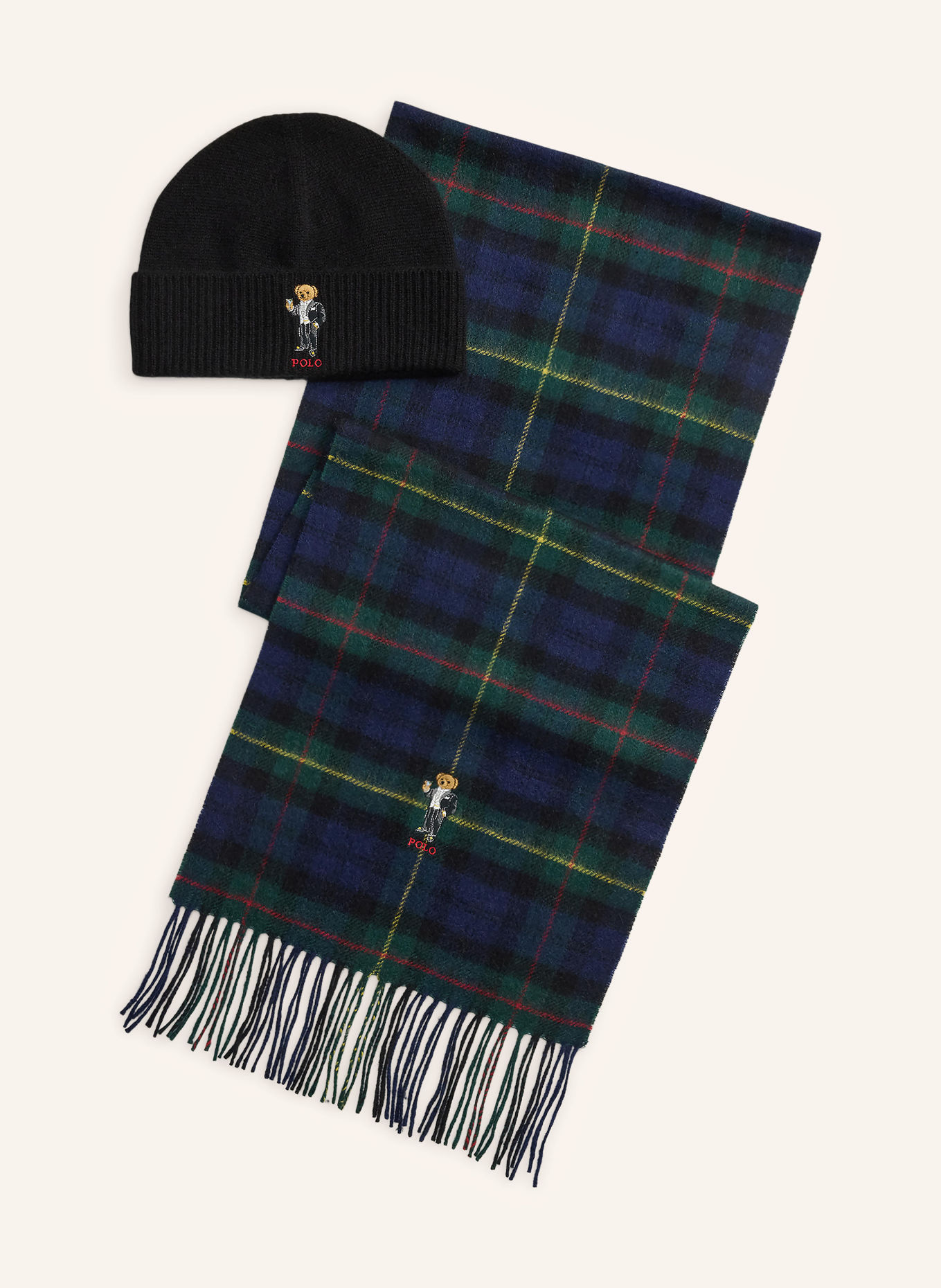 POLO RALPH LAUREN Sada: Čepice a šála z kašmíru: TMAVĚ MODRÁ / TMAVĚ ZELENÁ / ČERNÁ