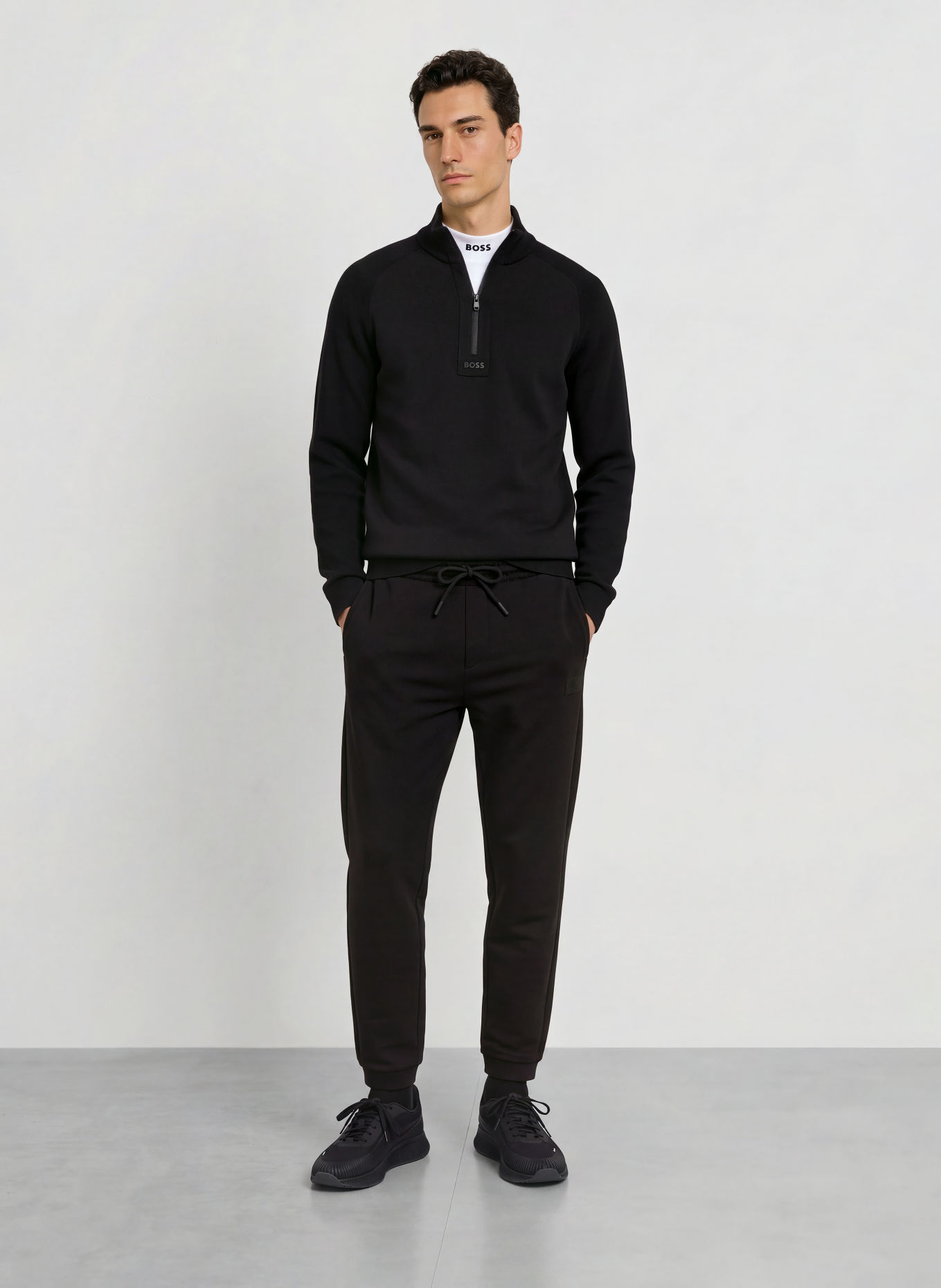 BOSS Sweter typu troyer TEDDY z mieszanki materiałów: CZARNY / CZIEMNOSZARY