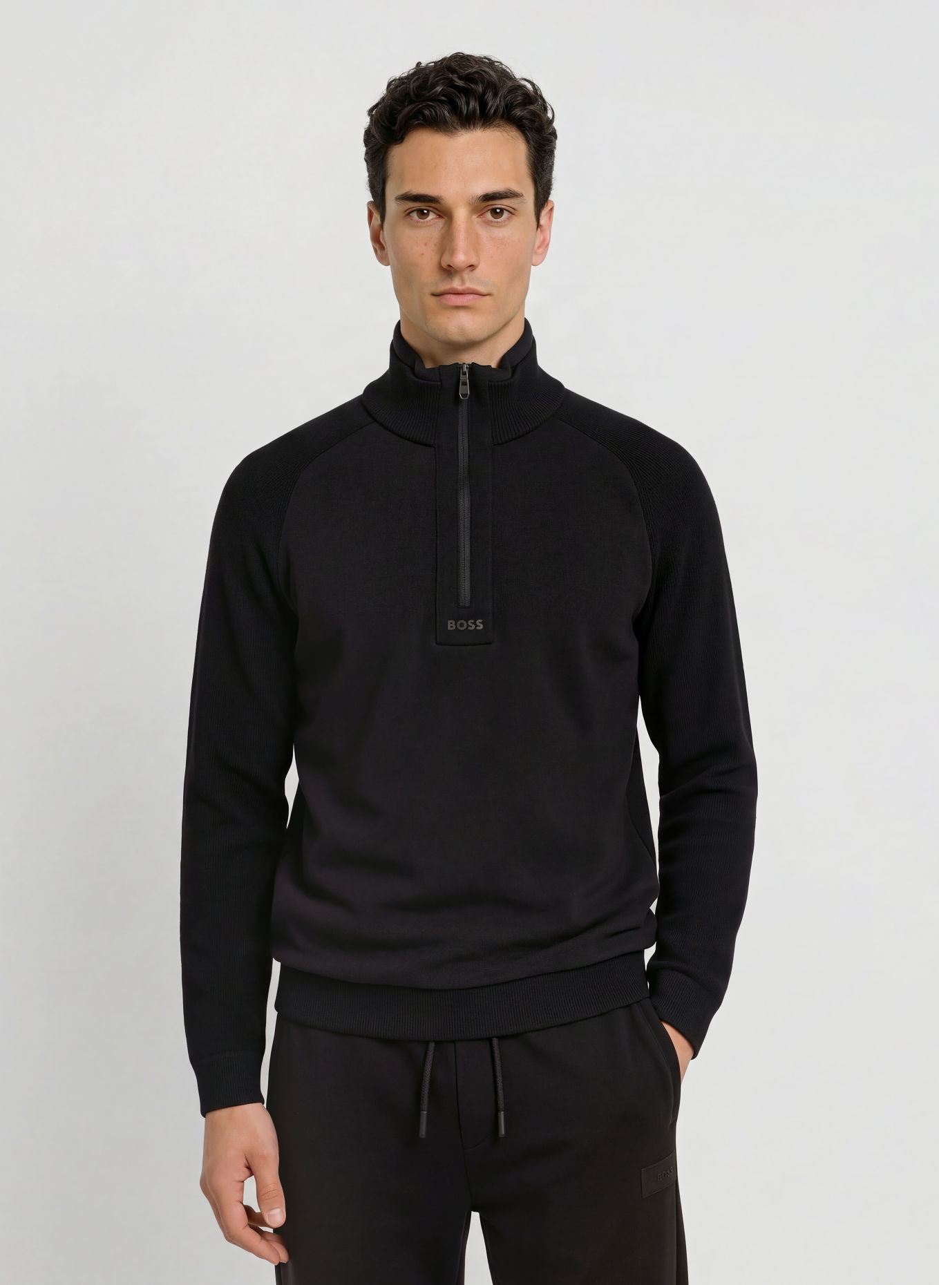 BOSS Sweter typu troyer TEDDY z mieszanki materiałów: CZARNY / CZIEMNOSZARY