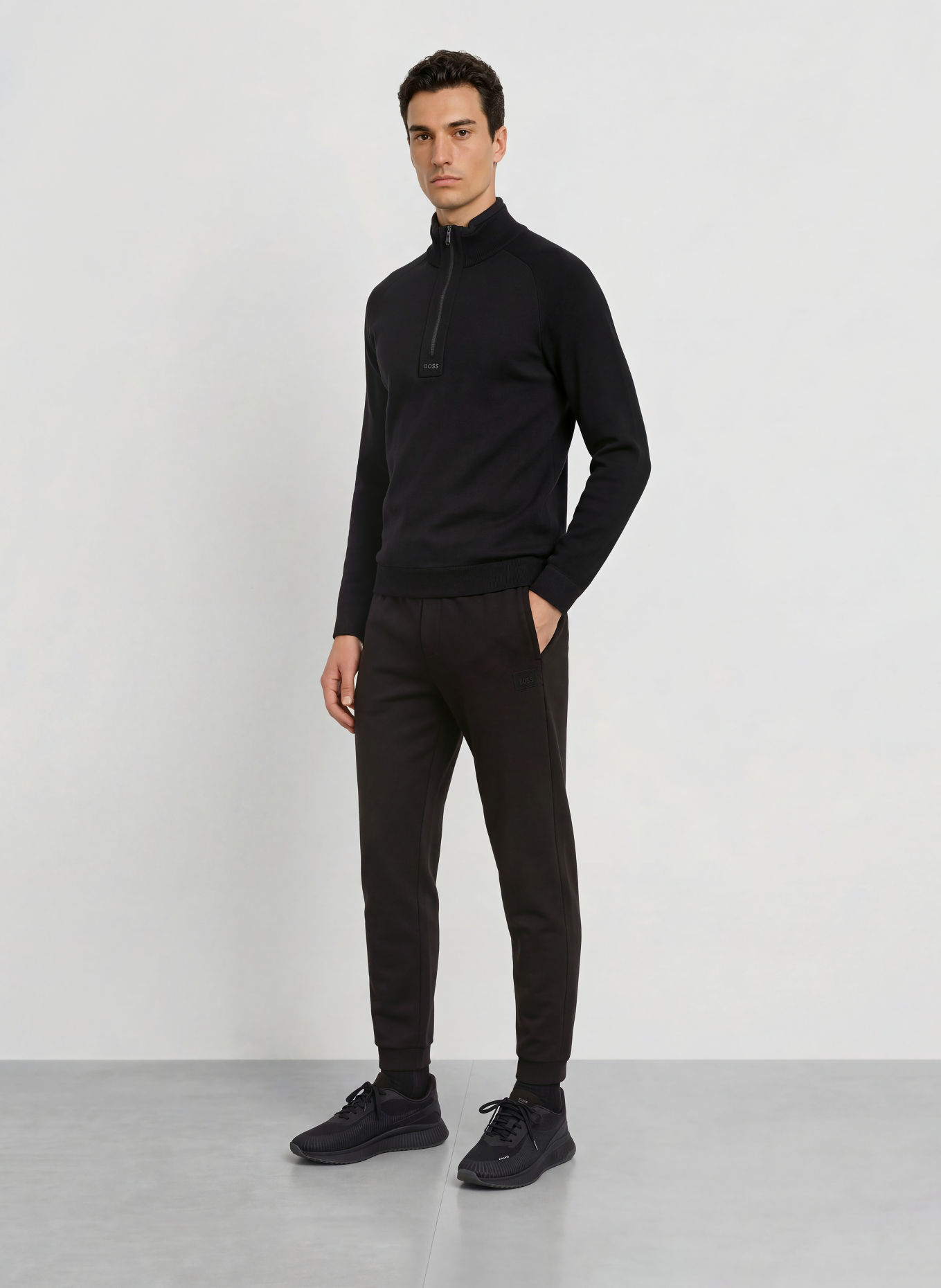 BOSS Sweter typu troyer TEDDY z mieszanki materiałów: CZARNY / CZIEMNOSZARY