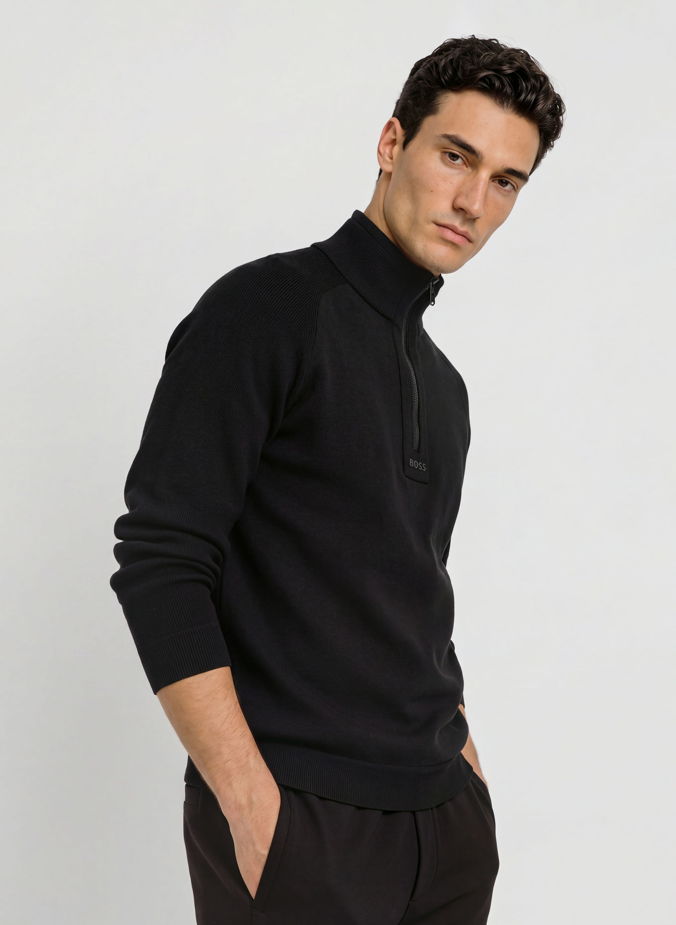 BOSS Sweter typu troyer TEDDY z mieszanki materiałów: CZARNY / CZIEMNOSZARY
