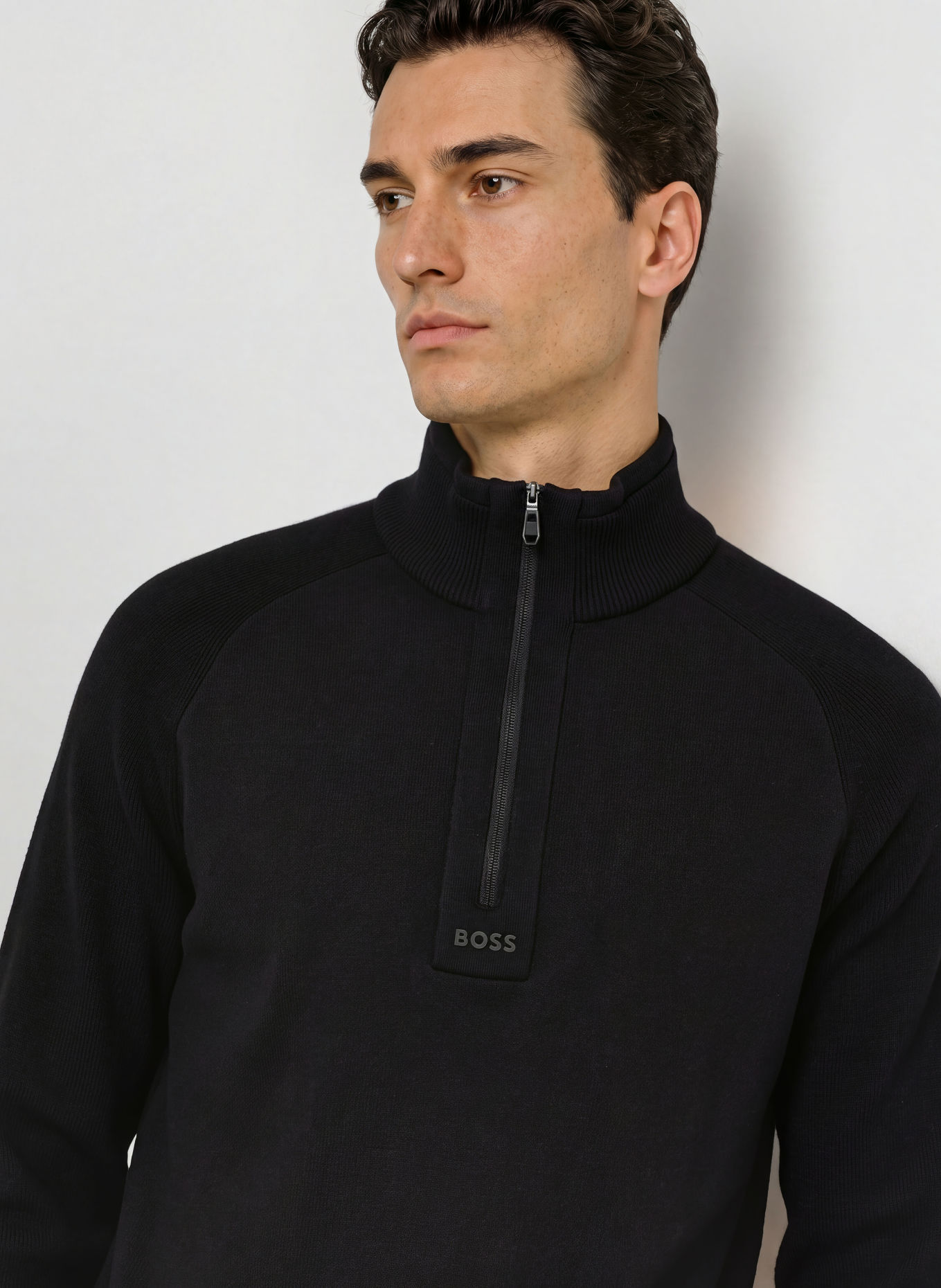 BOSS Sweter typu troyer TEDDY z mieszanki materiałów: CZARNY / CZIEMNOSZARY
