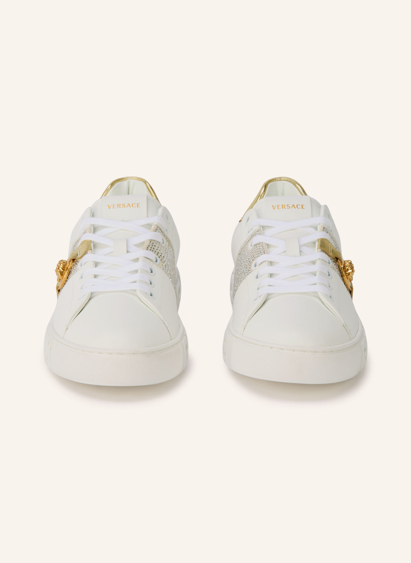 VERSACE Sneaker mit Schmucksteinen: WEISS / GOLD