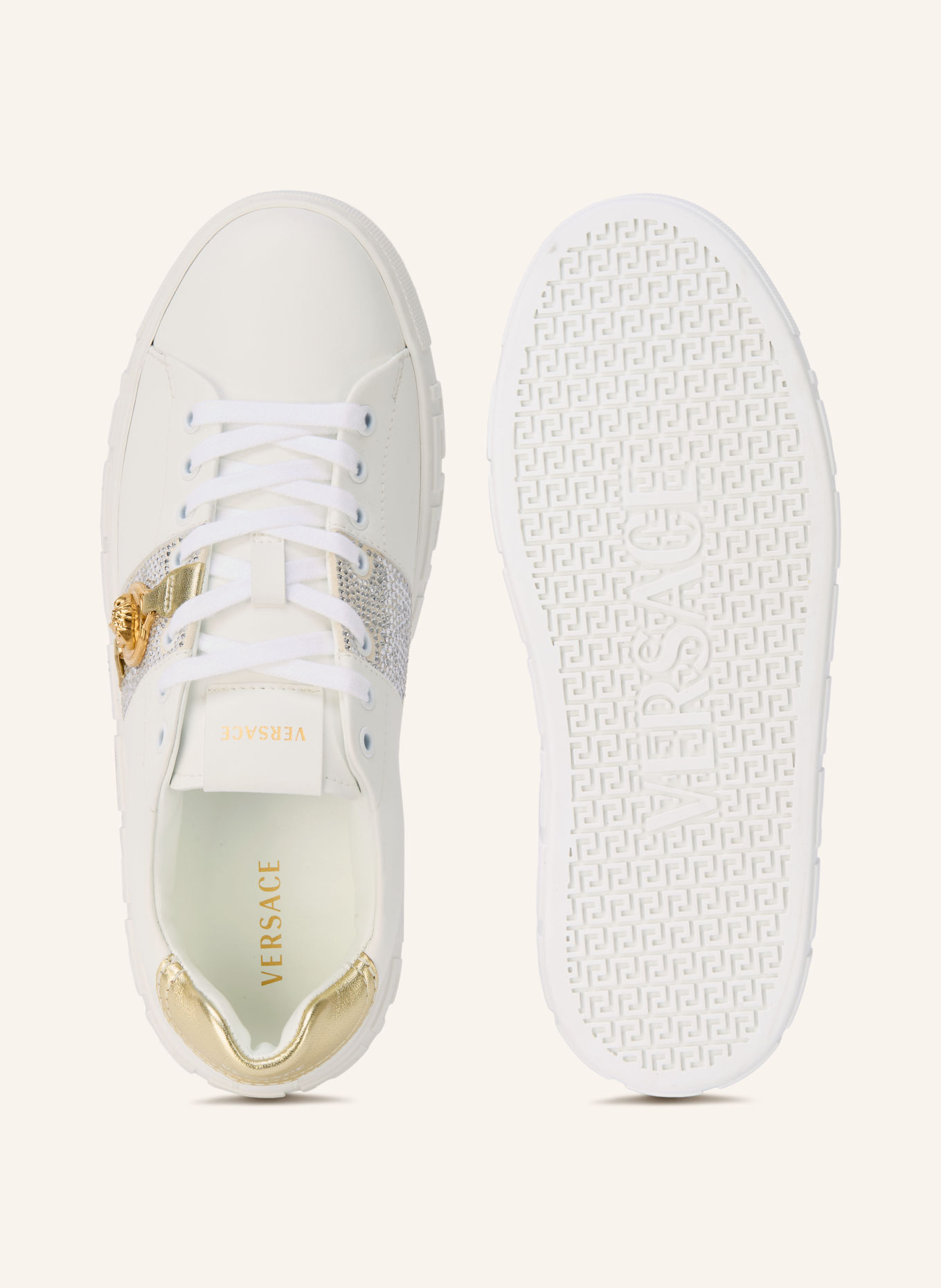 VERSACE Sneaker mit Schmucksteinen: WEISS / GOLD