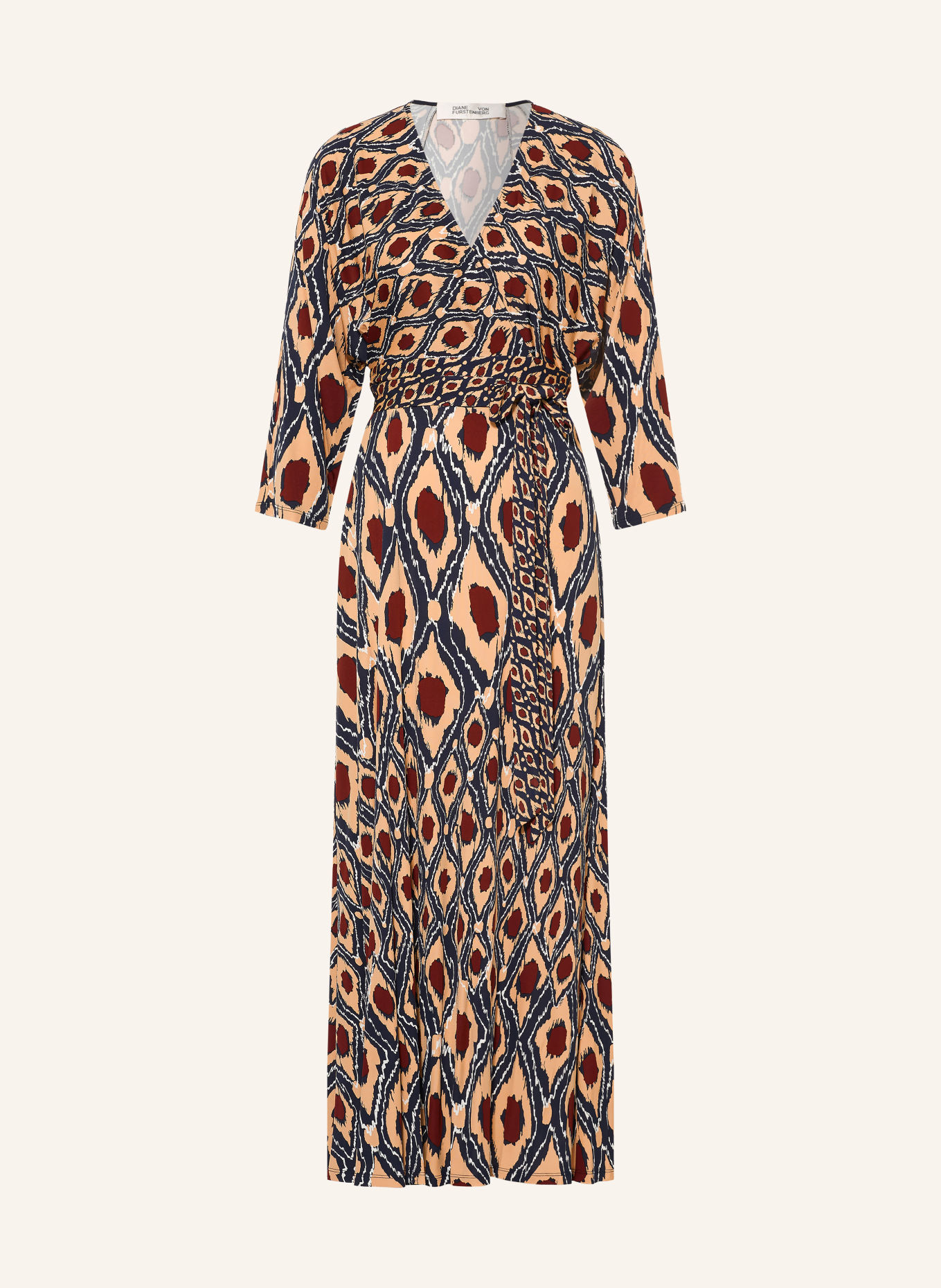 DIANE VON FURSTENBERG Kleid IVARA in Wickeloptik mit 3/4-Arm: BEIGE / BRAUN / DUNKELBLAU
