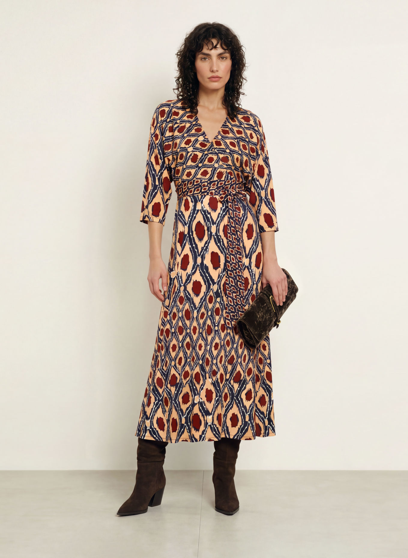 DIANE VON FURSTENBERG Kleid IVARA in Wickeloptik mit 3/4-Arm: BEIGE / BRAUN / DUNKELBLAU