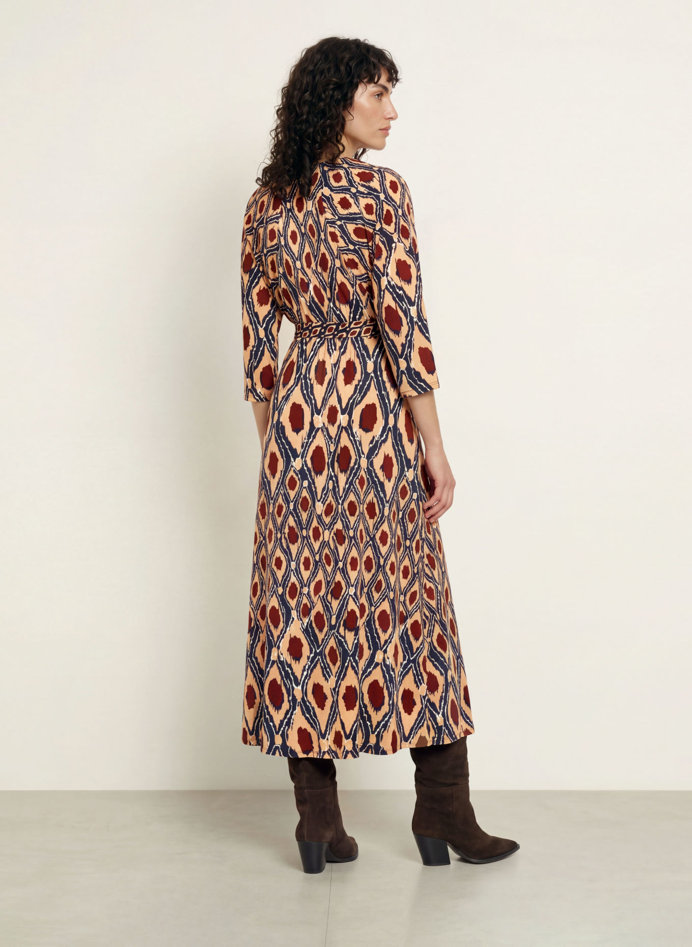 DIANE VON FURSTENBERG Kleid IVARA in Wickeloptik mit 3/4-Arm: BEIGE / BRAUN / DUNKELBLAU
