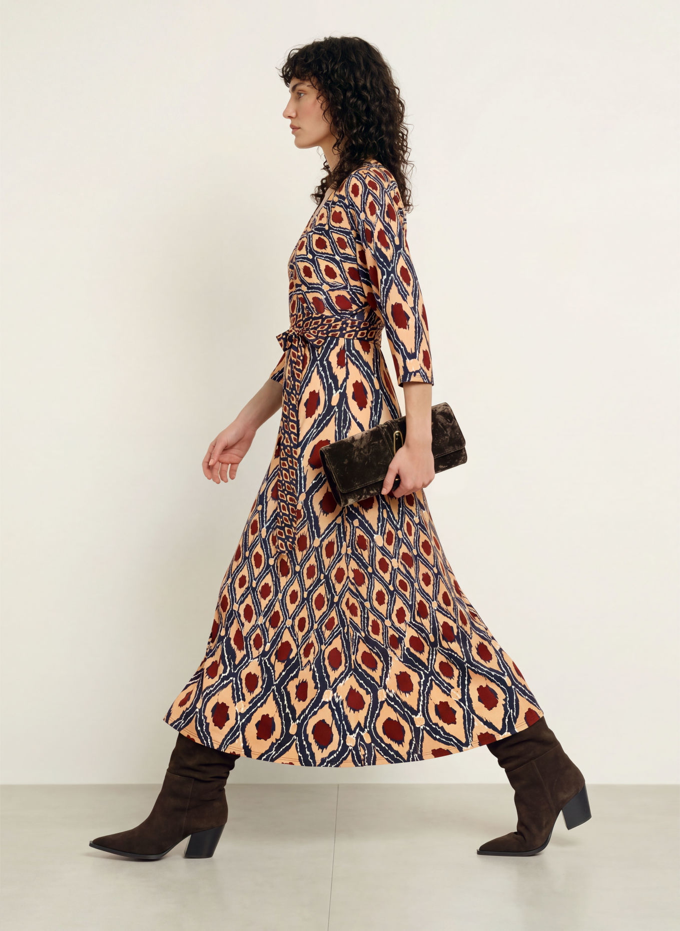 DIANE VON FURSTENBERG Kleid IVARA in Wickeloptik mit 3/4-Arm: BEIGE / BRAUN / DUNKELBLAU