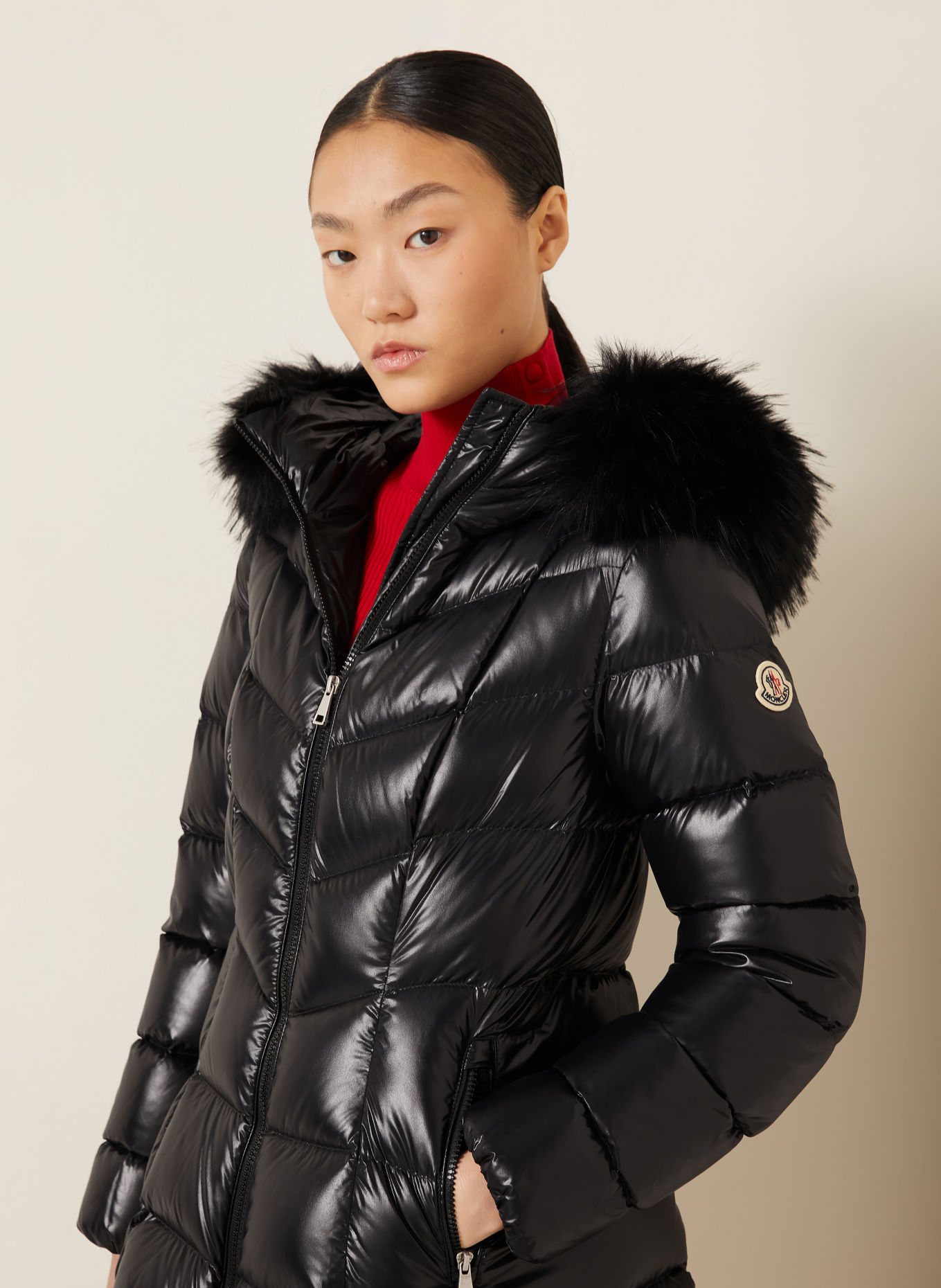 MONCLER Kurtka puchowa FULMAR z odpinanym Kołnierzem z sztucznego futra: CZARNY