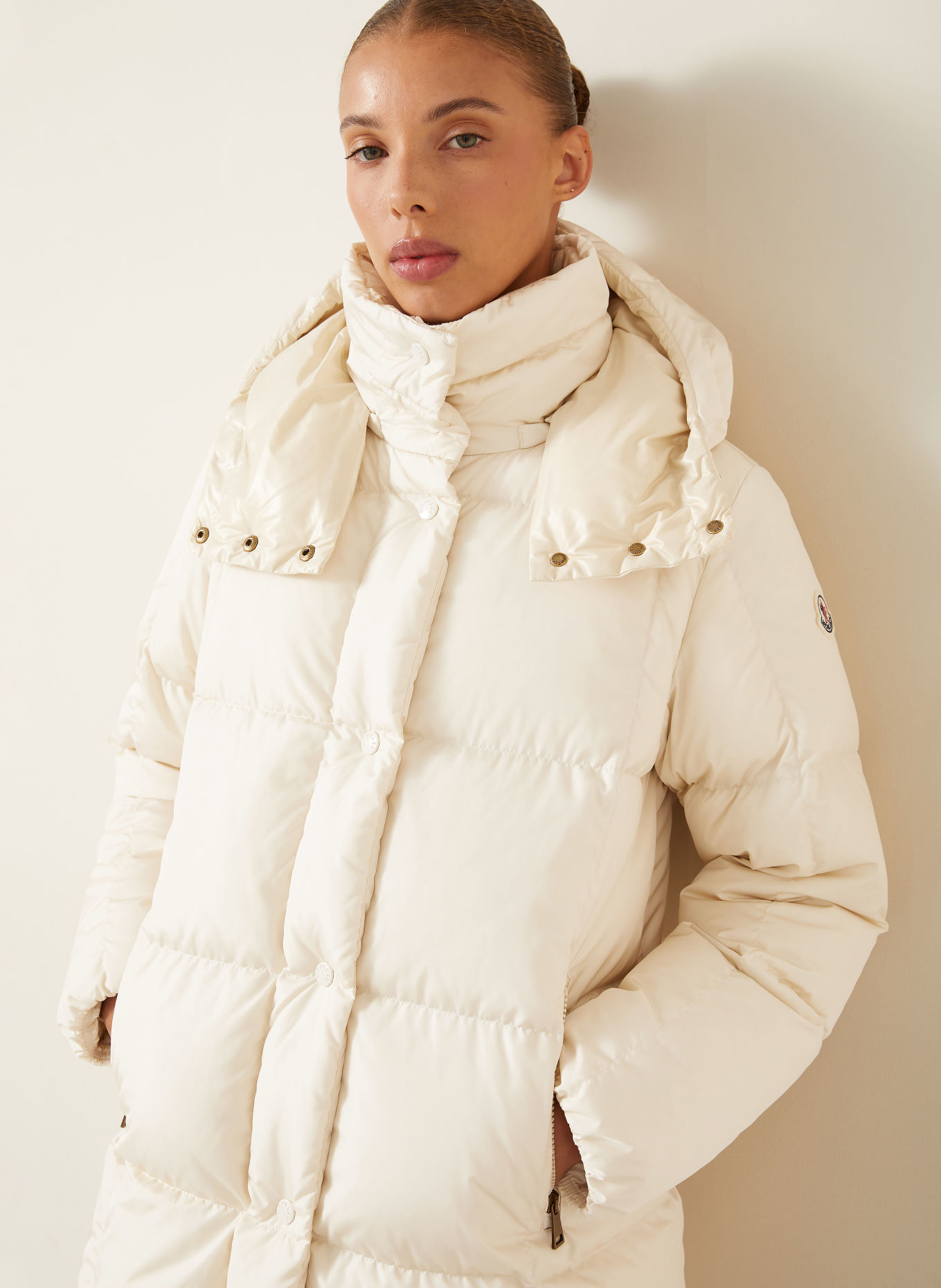 MONCLER Daunenmantel LITTE mit abnehmbarer Kapuze: CREME