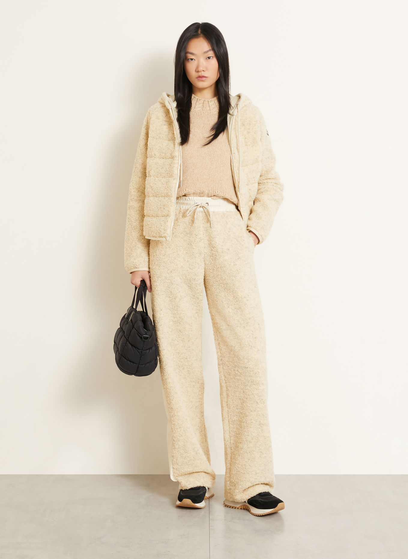 MONCLER Plush trousers with braided trim: ECRU / GRAY