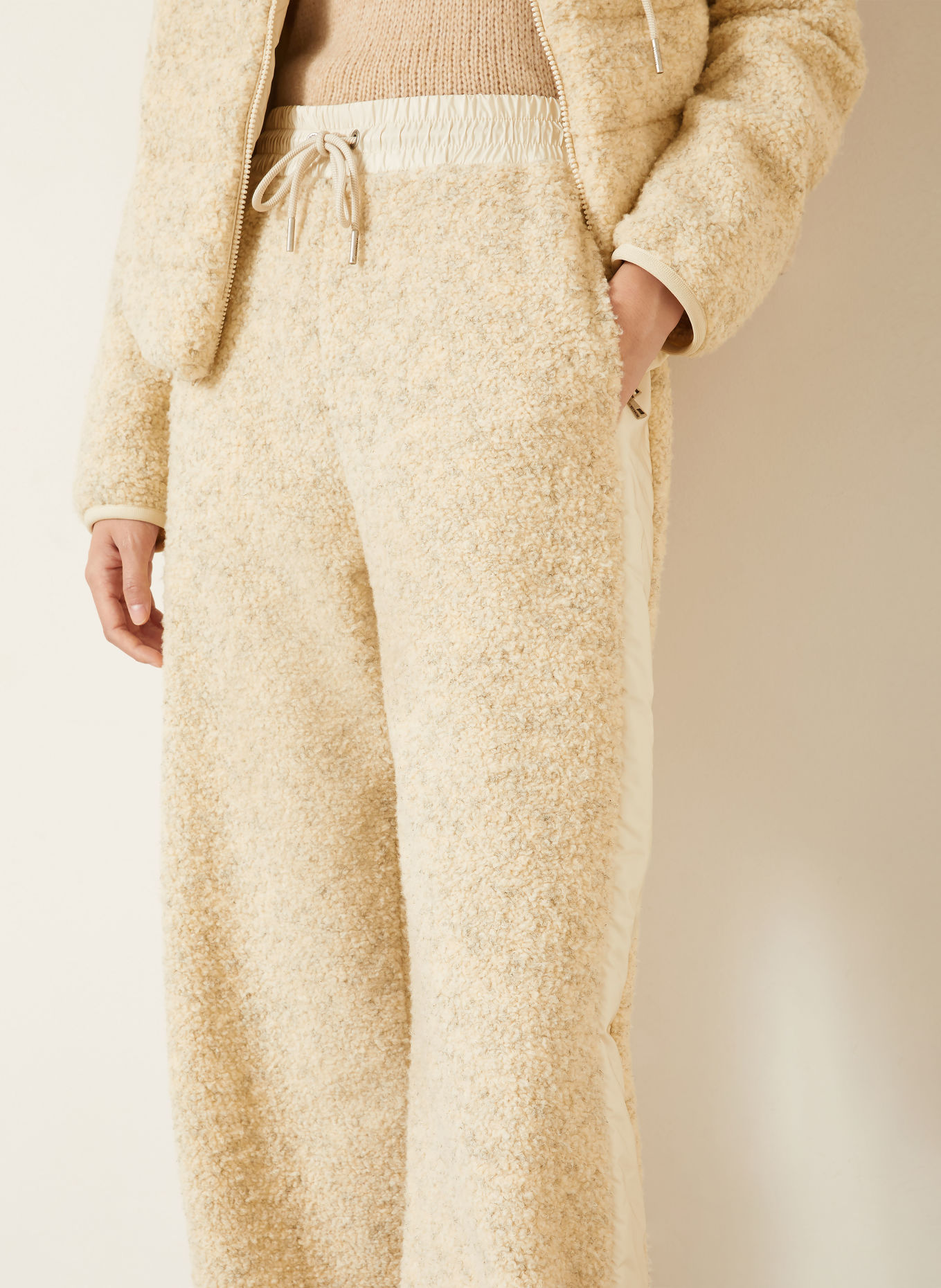 MONCLER Plush trousers with braided trim: ECRU / GRAY