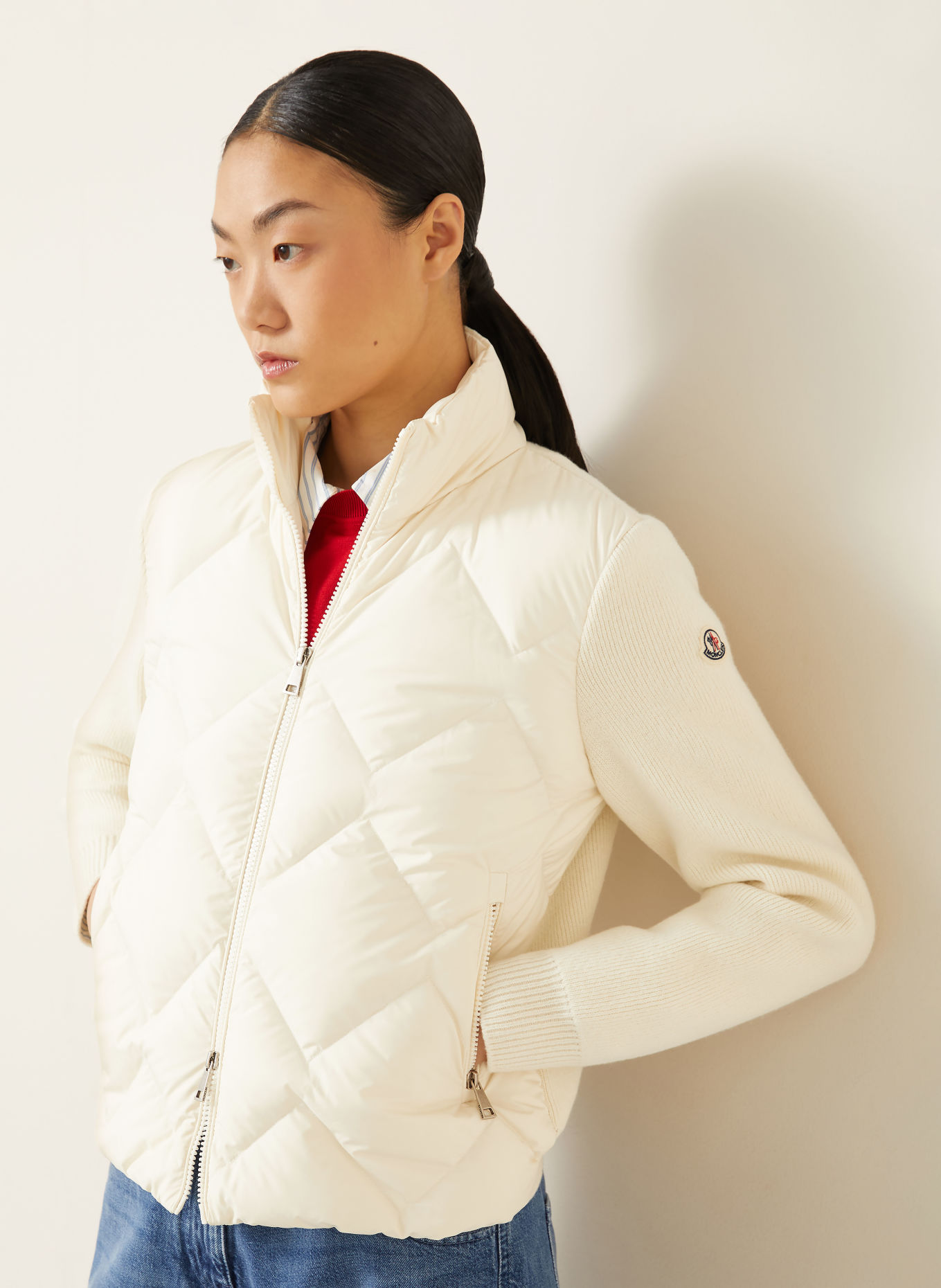 MONCLER Mixed-fabric cardigan: CREAM