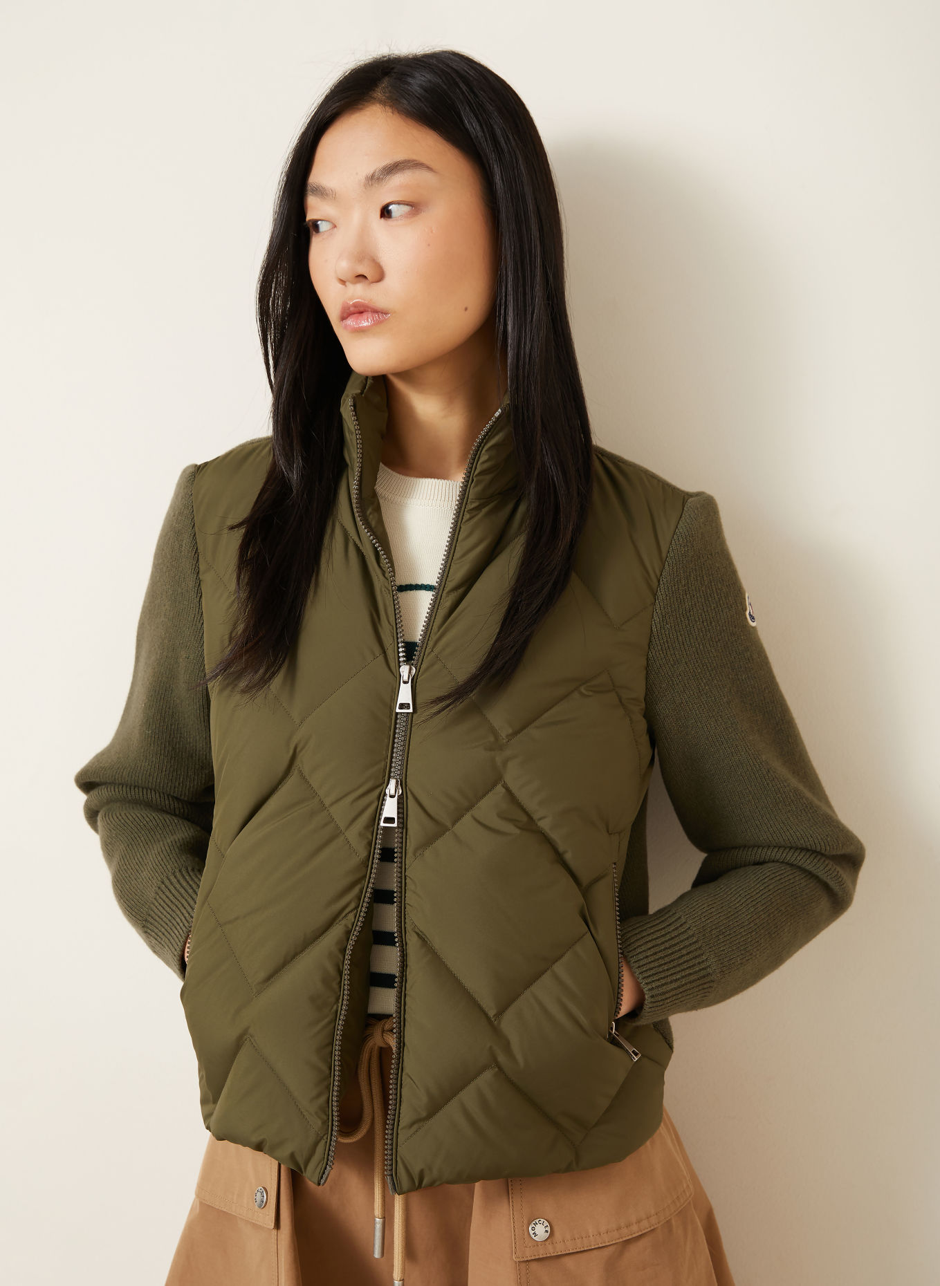MONCLER Strickjacke im Materialmix: OLIV