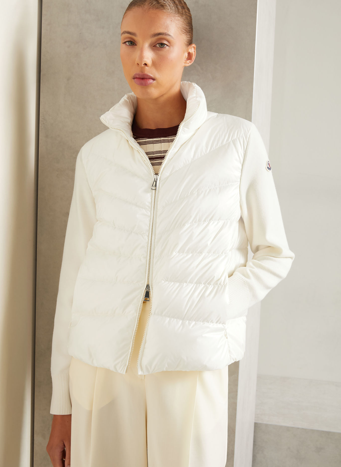 MONCLER Lightweight-Daunenjacke im Materialmix: ECRU